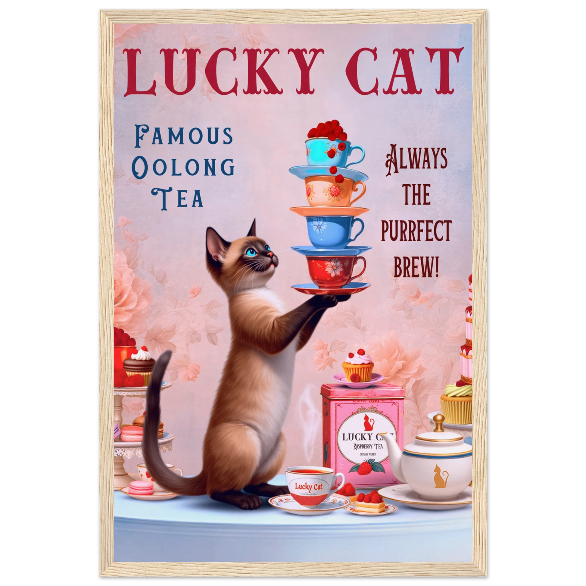 Siamese Lucky Cat Vintage Tea Art Print 30x45 cm 12x18″ Museum-Quality Matte Paper Wooden Framed Poster Light Wood Frame