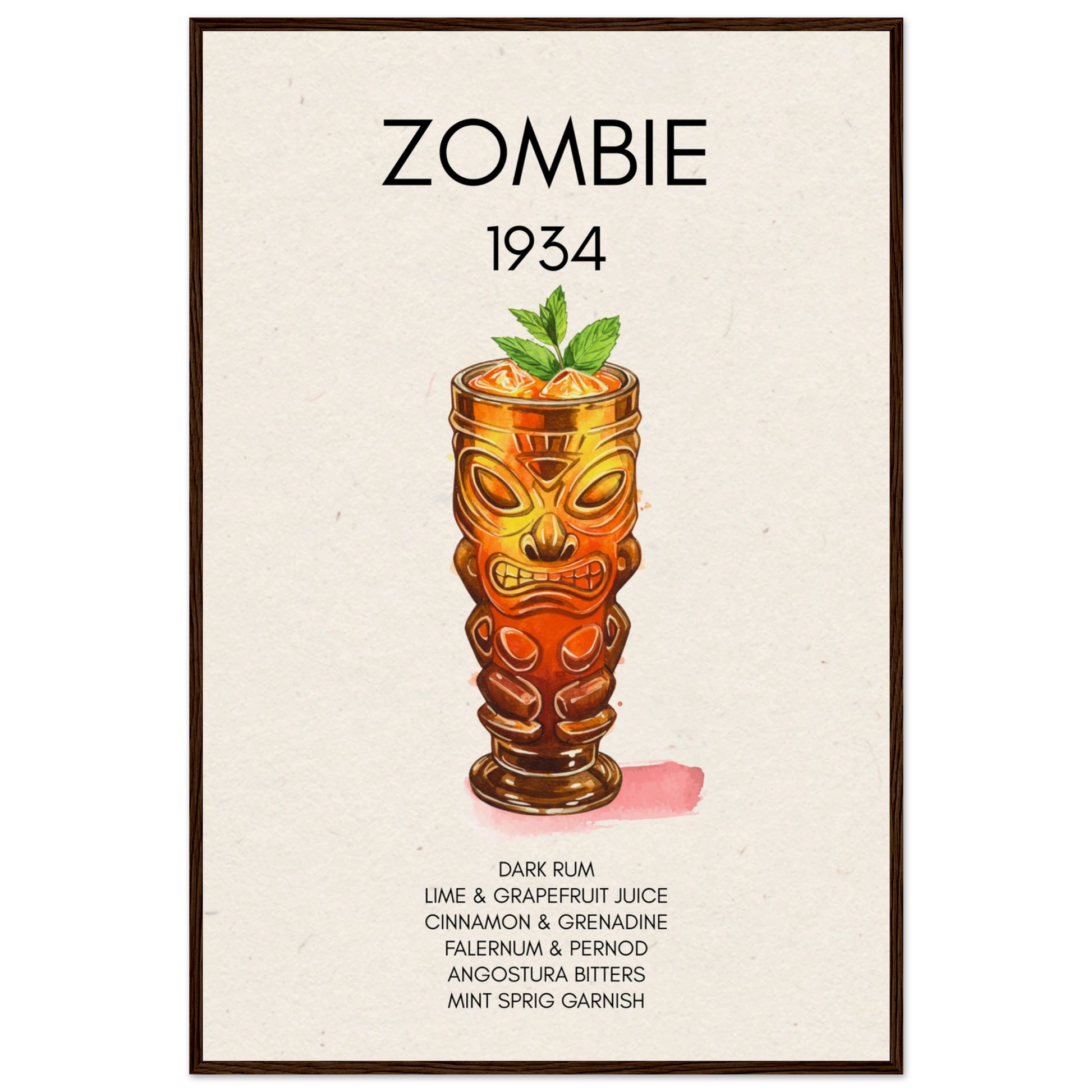 Zombie Tiki Cocktail Bar Art Print Dark Brown Wood Frame 60x90 cm 24x36″ Museum-Quality Matte Paper Wooden Framed Poster