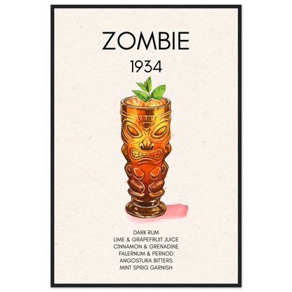 Zombie Tiki Cocktail Bar Art Print Black Wood Frame 60x90 cm 24x36″ Premium Matte Paper Wooden Framed Poster