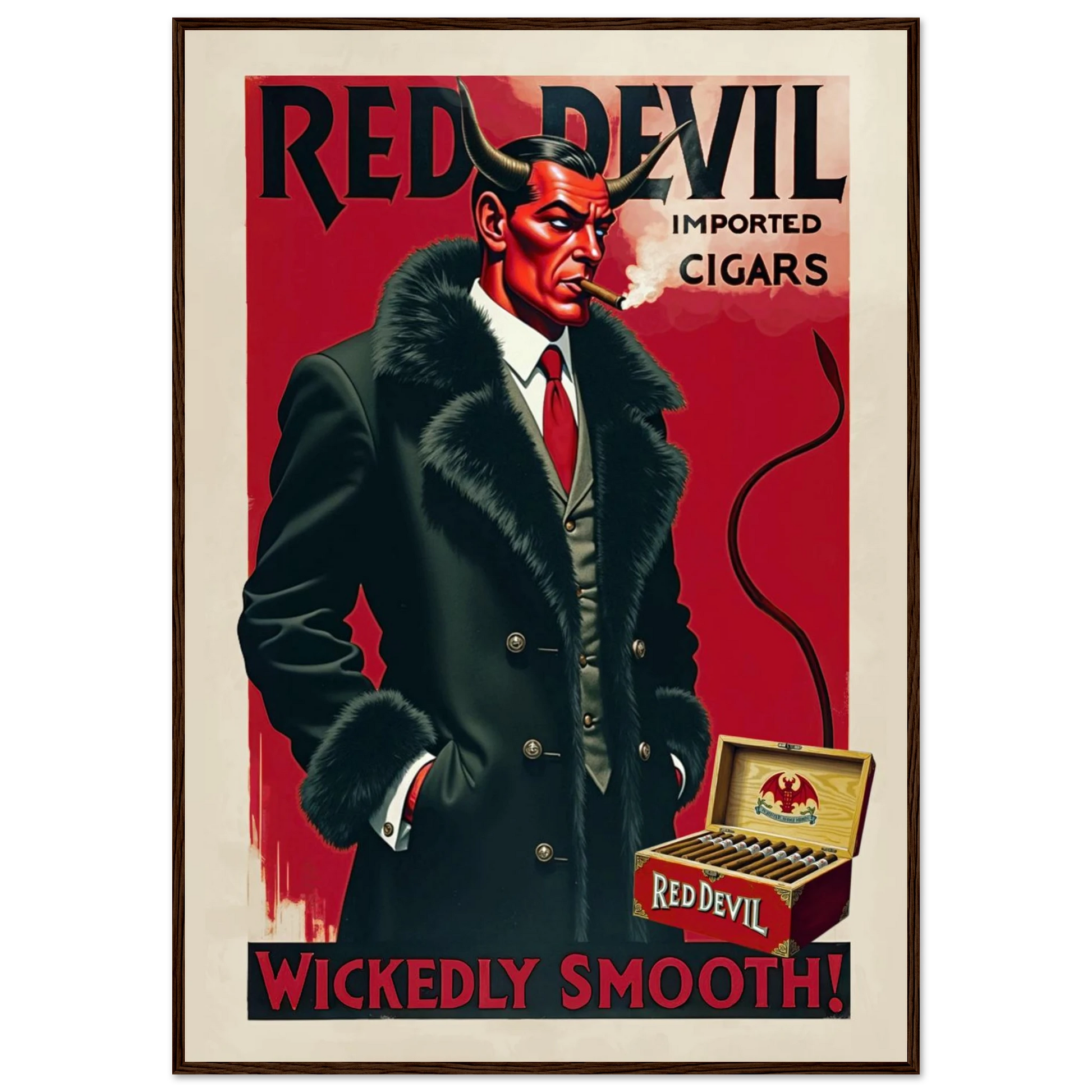 Red Devil 1920s Art Deco Cigar Art Print 70x100 cm 28x40″ Classic Matte Paper Wooden Framed Poster Dark Brown Wood Frame