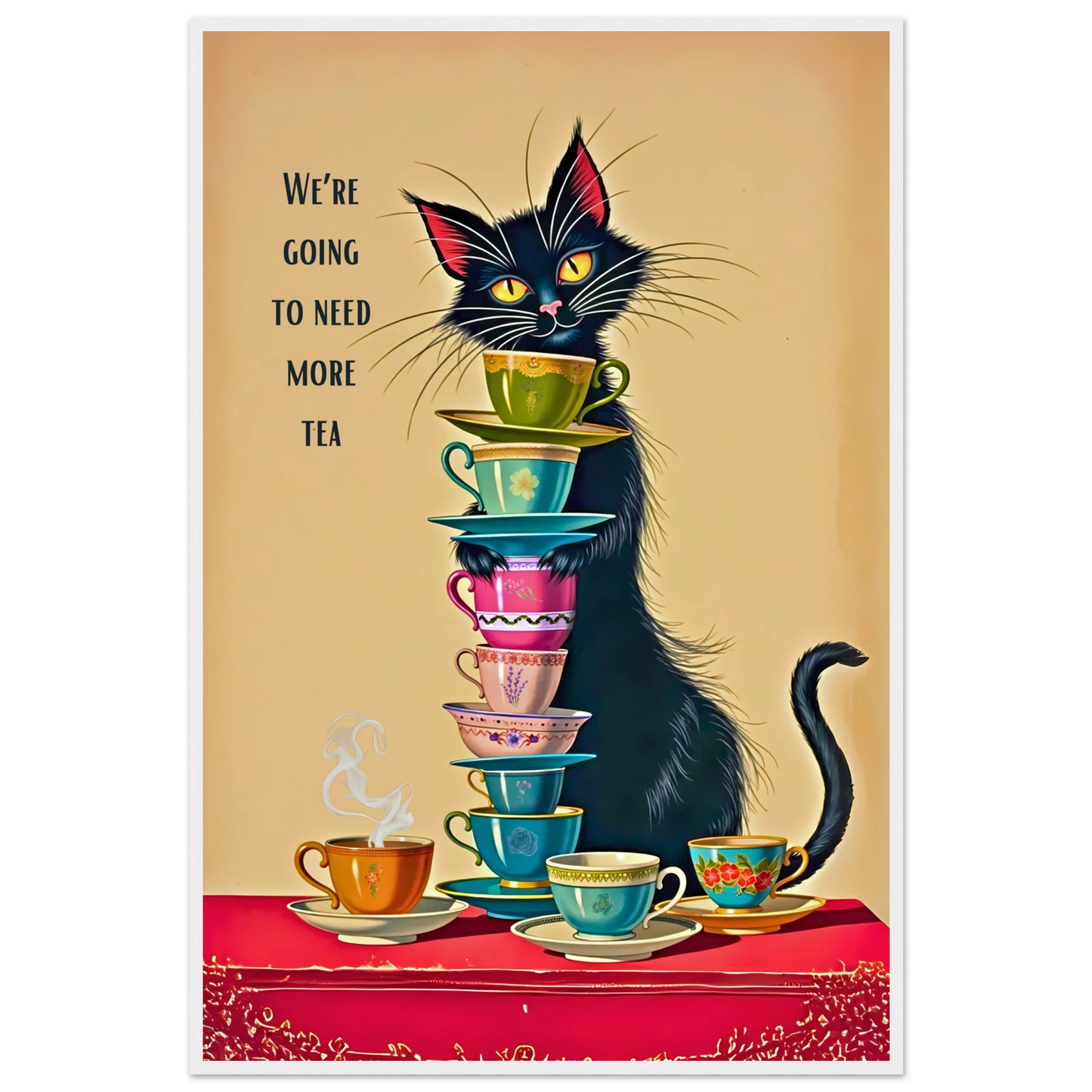 Quirky Cat Funny Tea Art Print 60x90 cm 24x36″ Premium Matte Paper Wooden Framed Poster White Wood Frame