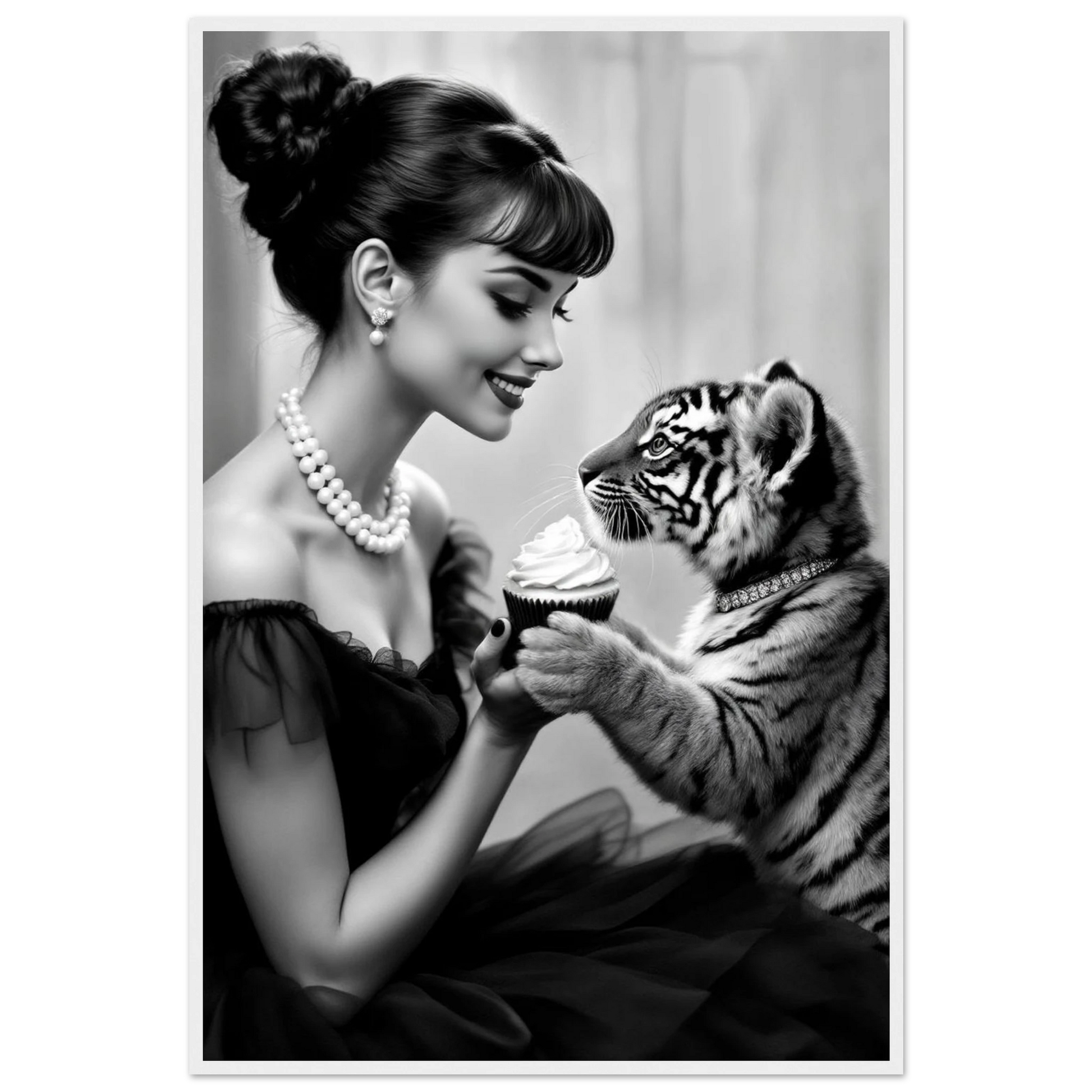 Audrey Hepburn Tiger Cub Art Print White Wood Frame 60x90 cm 24x36″ Premium Matte Paper Wooden Framed Poster