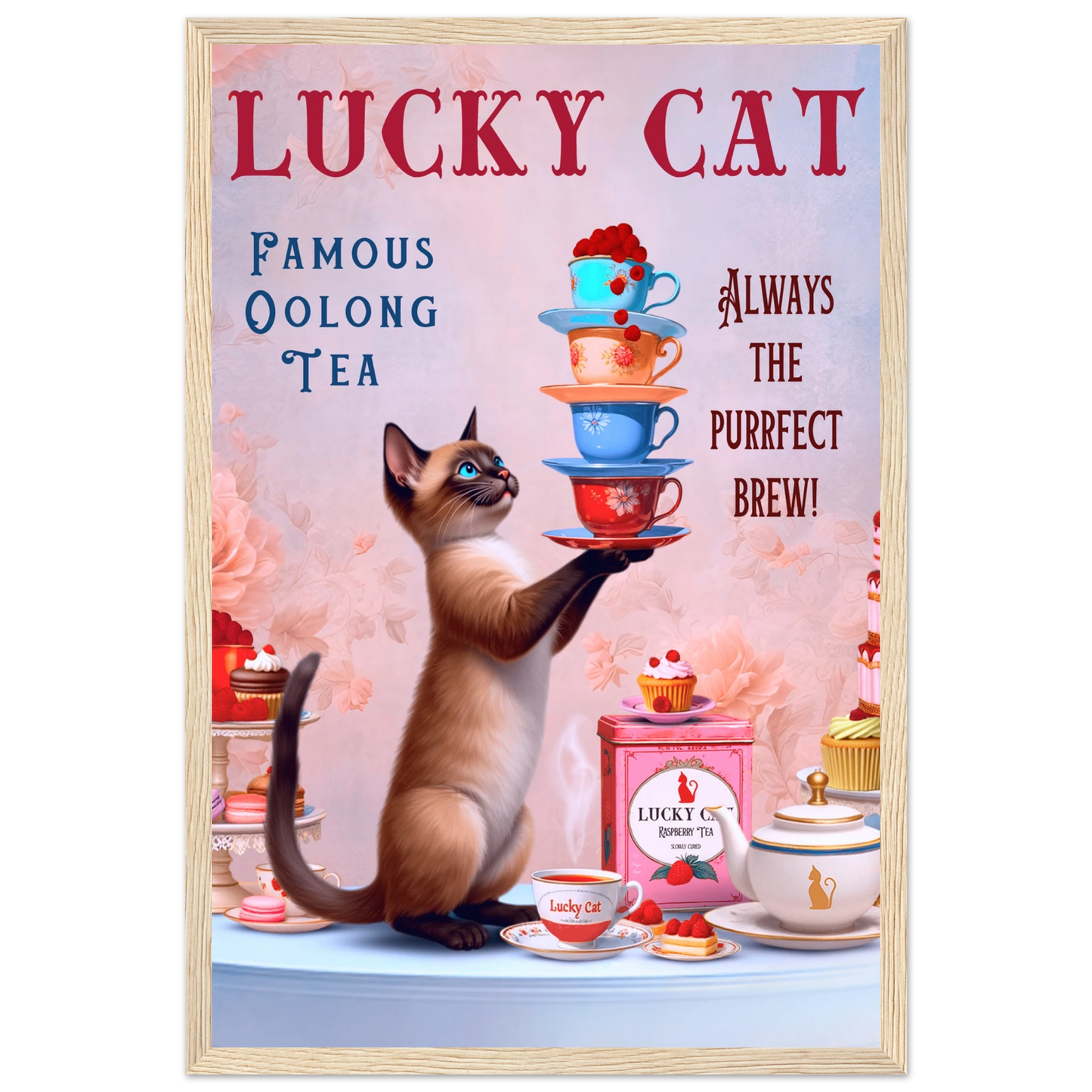 Siamese Lucky Cat Vintage Tea Art Print 30x45 cm 12x18″ Premium Matte Paper Wooden Framed Poster Light Wood Frame