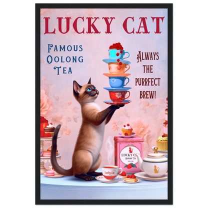 Siamese Lucky Cat Vintage Tea Art Print 30x45 cm 12x18″ Classic Matte Paper Wooden Framed Poster Black Wood Frame