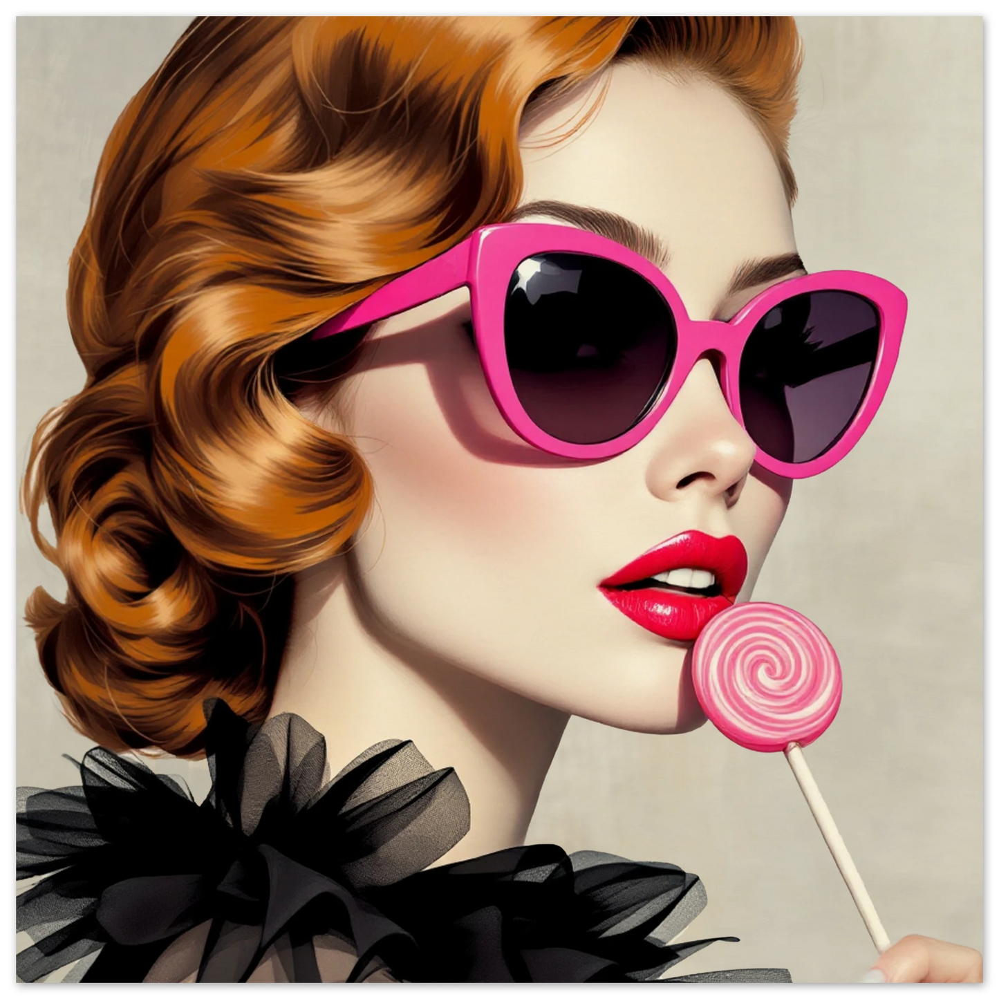 Retro Glam Fashion Model Lollipop Art Print Museum-Quality Matte Paper Poster 30x30 cm 12x12″
