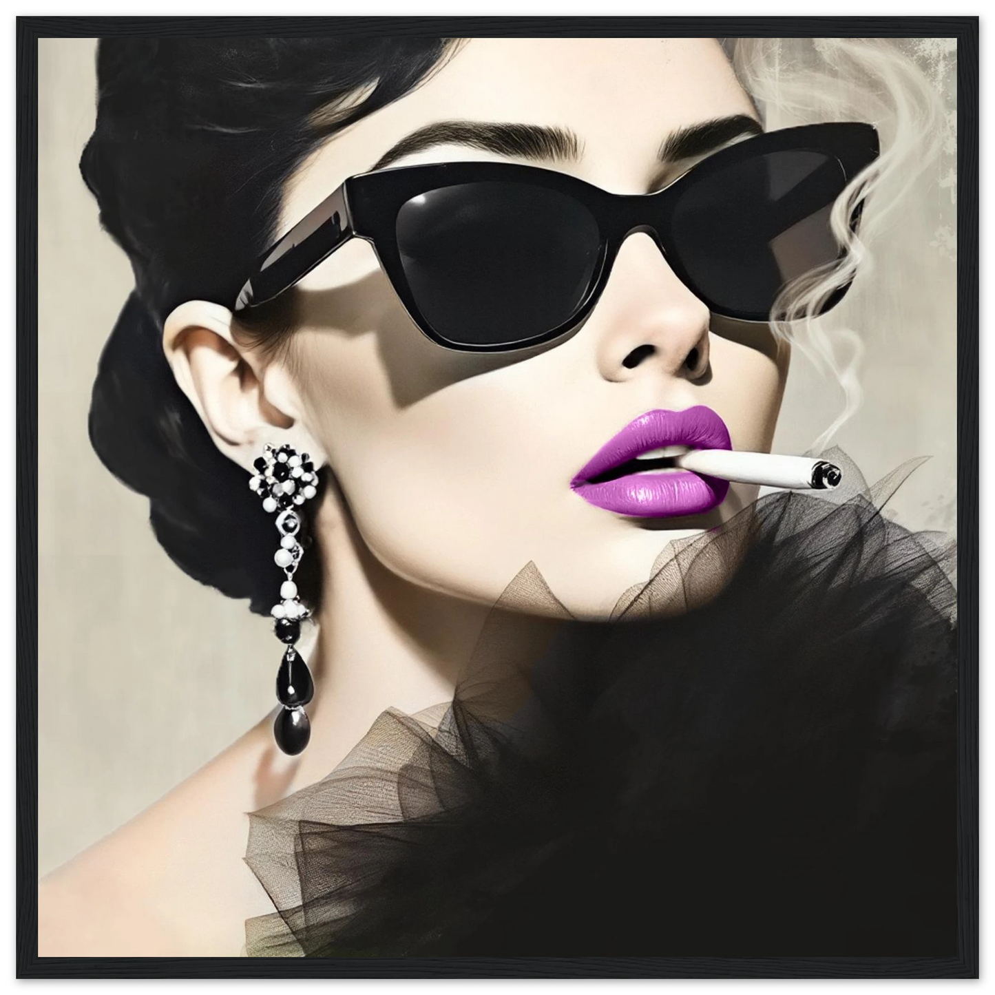 Smoking Girl Retro Fashion Model Art Print 50x50 cm 20x20″ Premium Matte Wooden Framed Poster