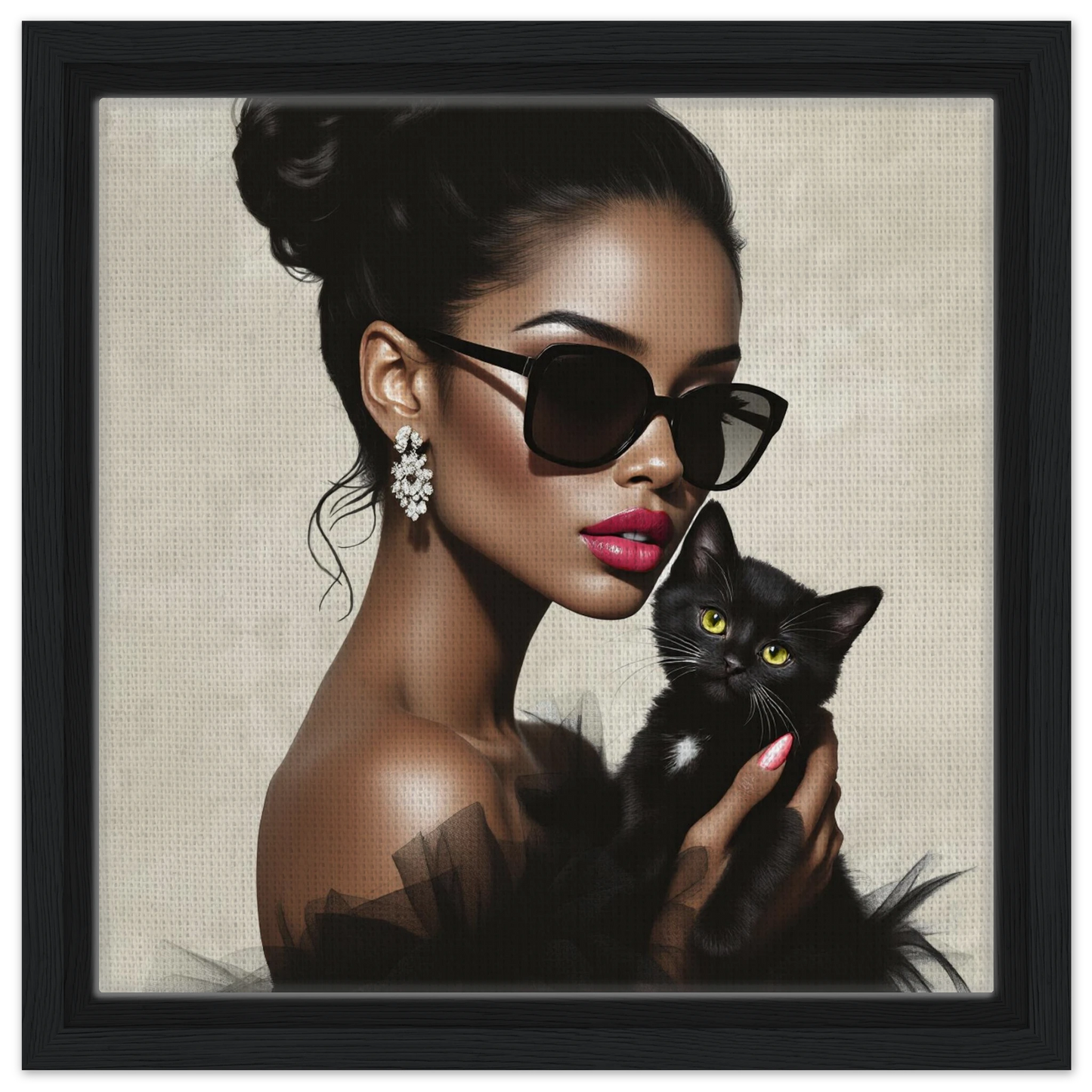 Retro Glam Fashion Model Kitten Art Print Framed Canvas 30x30 cm 12x12″