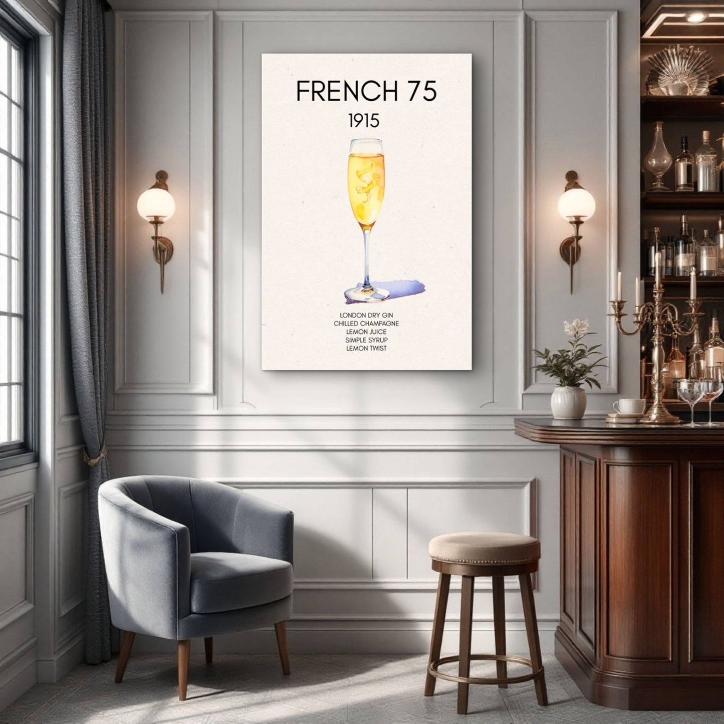 French 75 Cocktail Art Print Dark Brown Wood Frame 60x90 cm 24x36″ Framed Canvas