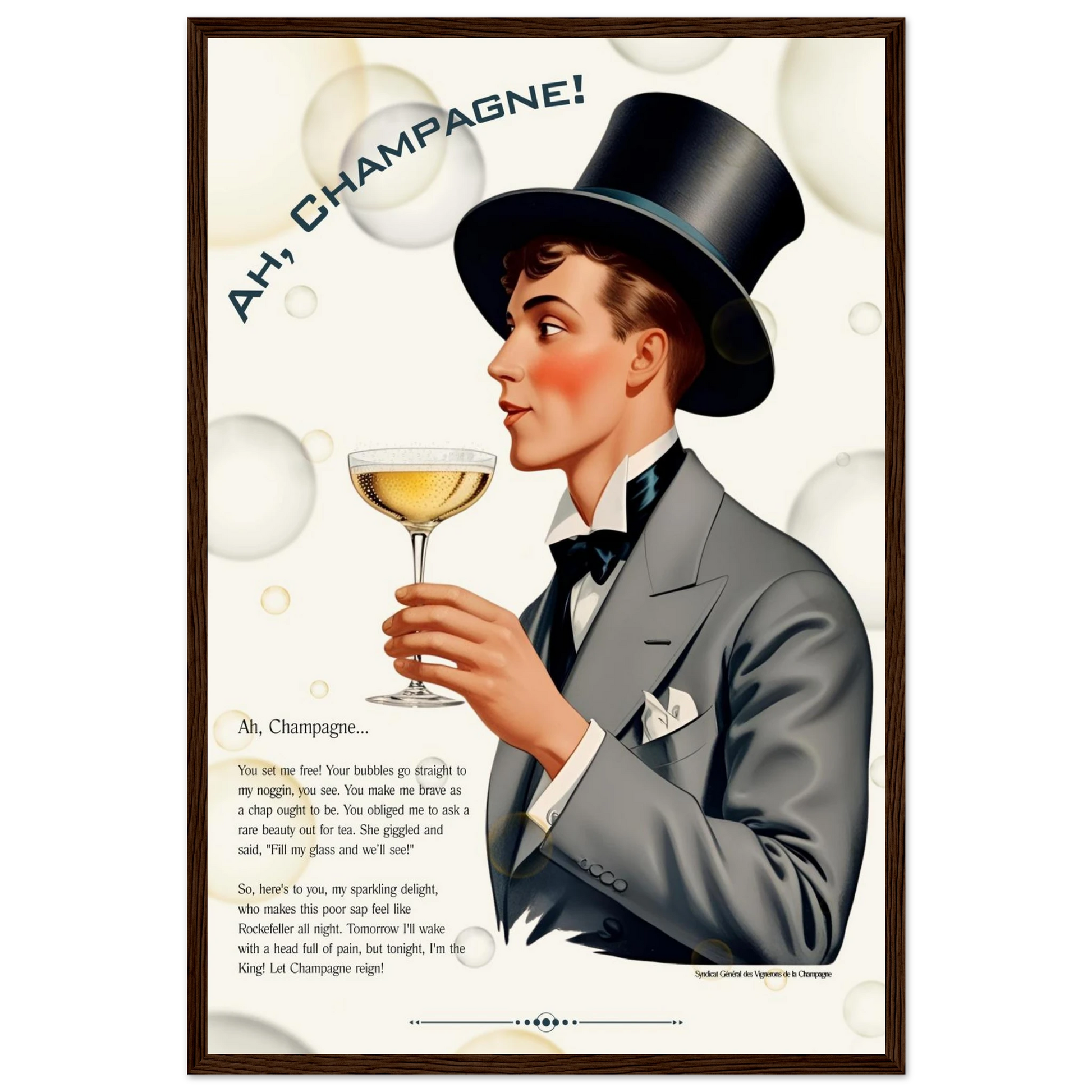 Art Deco Champagne Funny Poem Art Print 40x60 cm 16x24″ Premium Matte Paper Wooden Framed Poster Dark wood frame