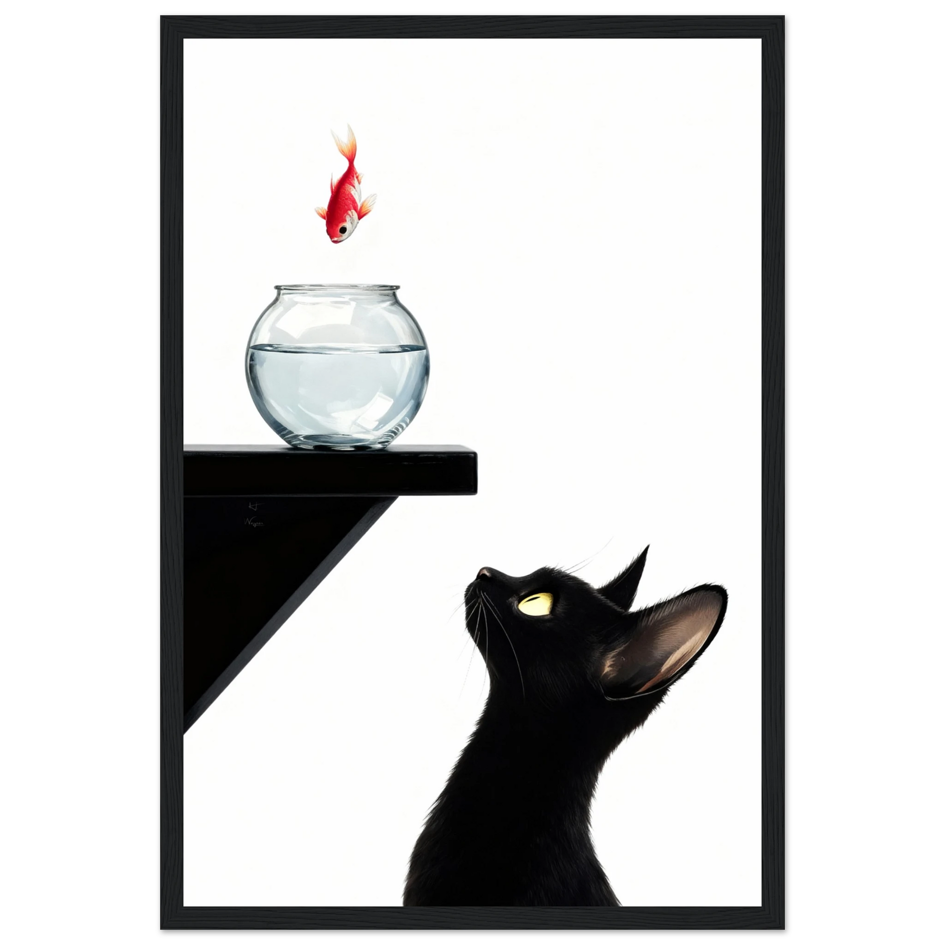Curious Black Cat Goldfish Minimalist Art Print 30x45 cm 12x18″ Premium Matte Framed Poster - Black Wood