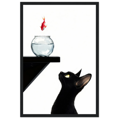 Curious Black Cat Goldfish Minimalist Art Print 30x45 cm 12x18″ Premium Matte Framed Poster - Black Wood