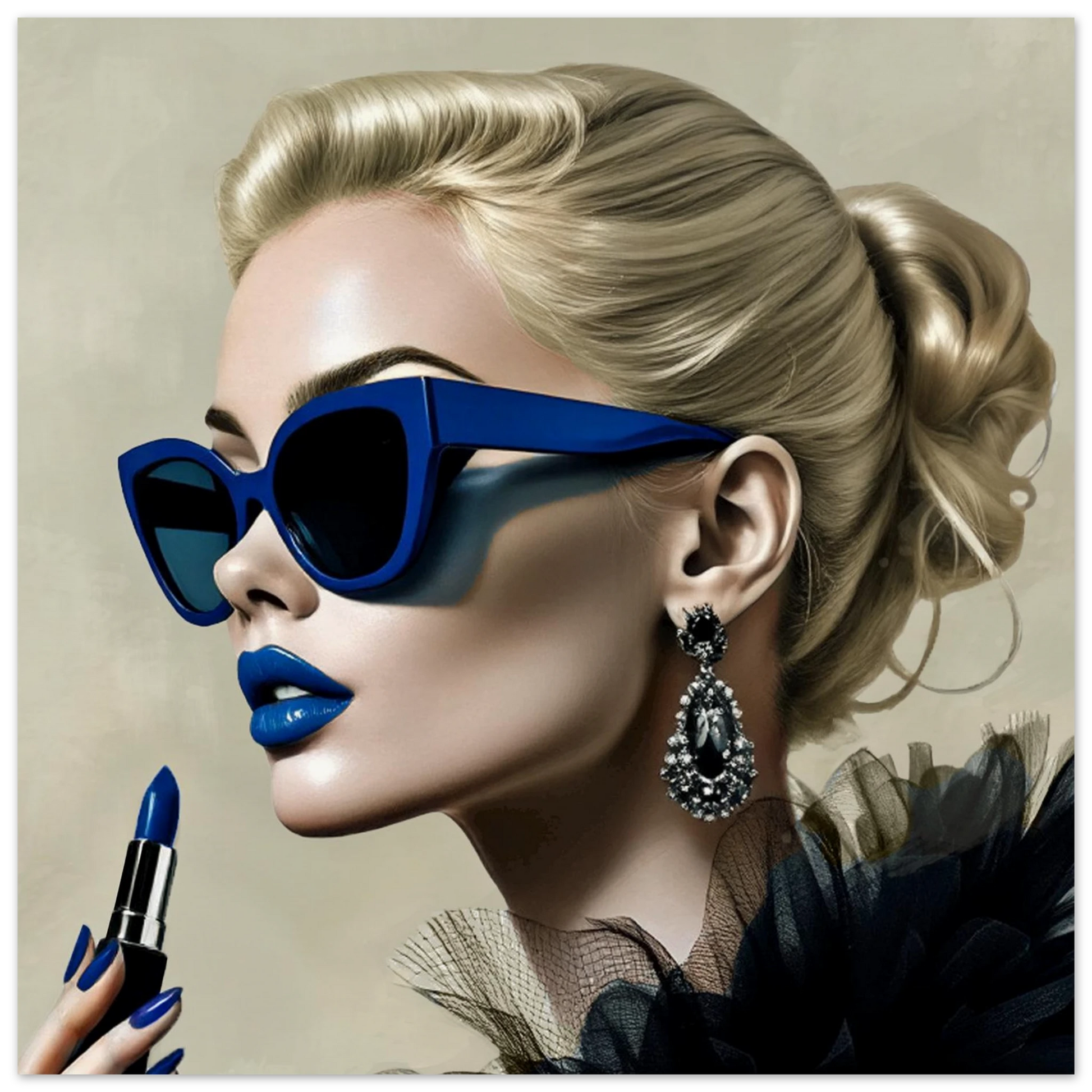 Retro Fashion Model Blue Lipstick Art Print 30x30 cm 12x12″ Museum-Quality Matte Paper Poster