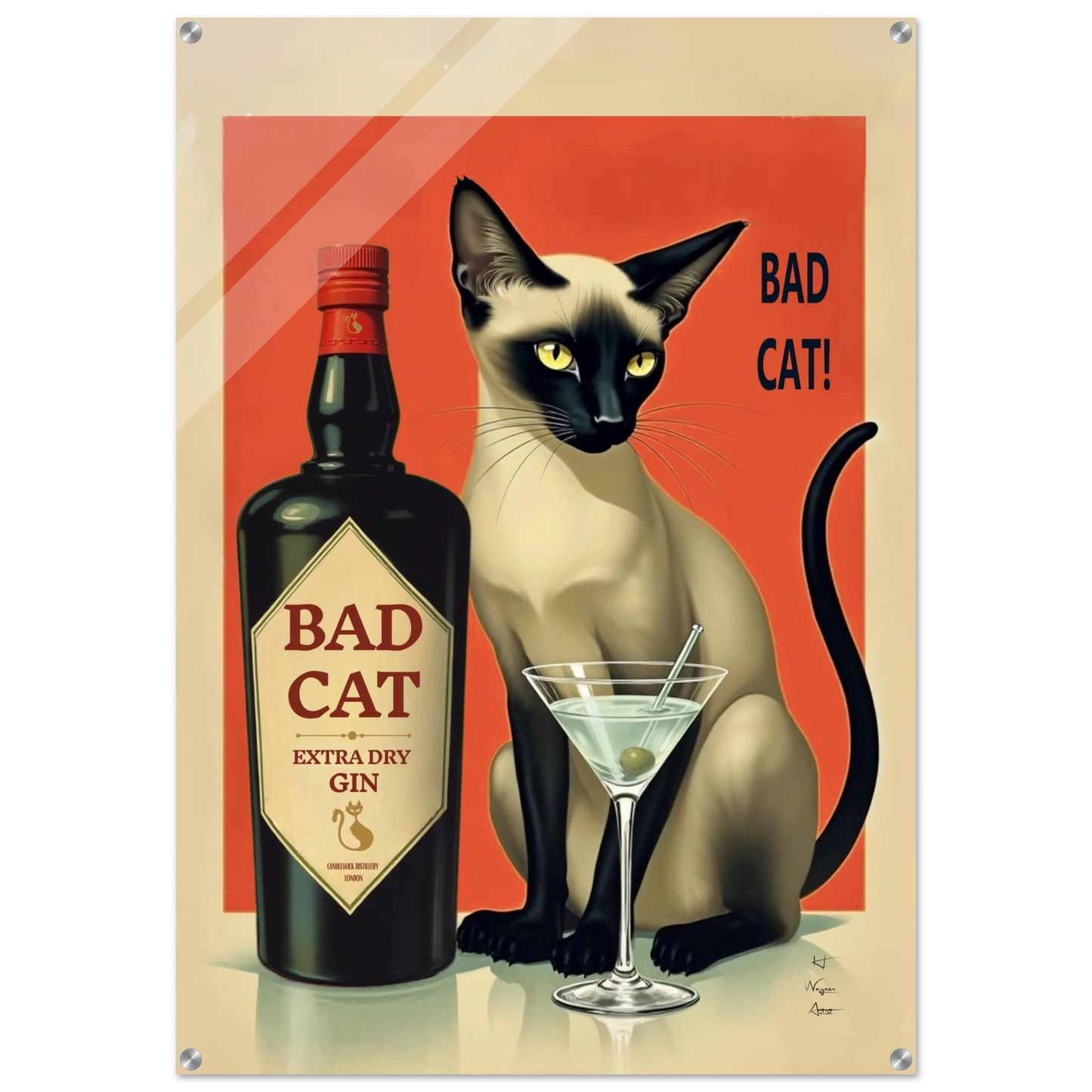 Siamese Cat Gin Martini Cocktail Art Print 70x100 cm 28x40″ Sleek Acrylic Print No Frame