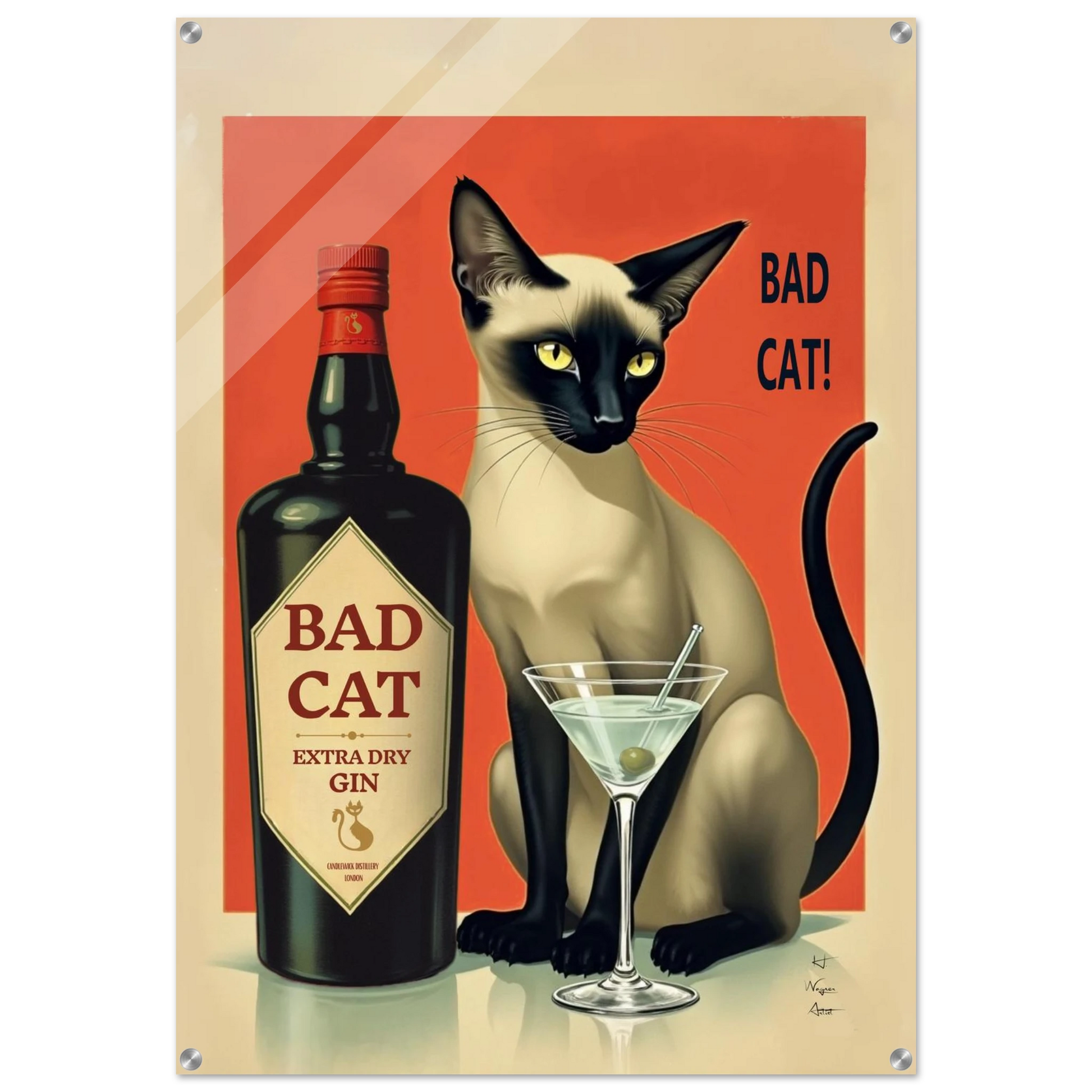 Siamese Cat Gin Martini Cocktail Art Print 70x100 cm 28x40″ Sleek Acrylic Print No Frame
