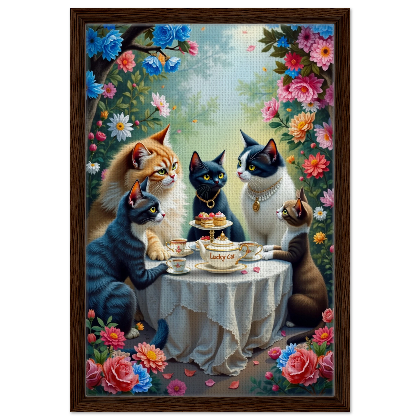 Lucky Cat Tea Party Botanical Art Print 40x60 cm 16x24″ Framed Canvas Dark Brown Wood Frame