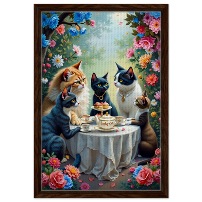 Lucky Cat Tea Party Botanical Art Print 40x60 cm 16x24″ Framed Canvas Dark Brown Wood Frame