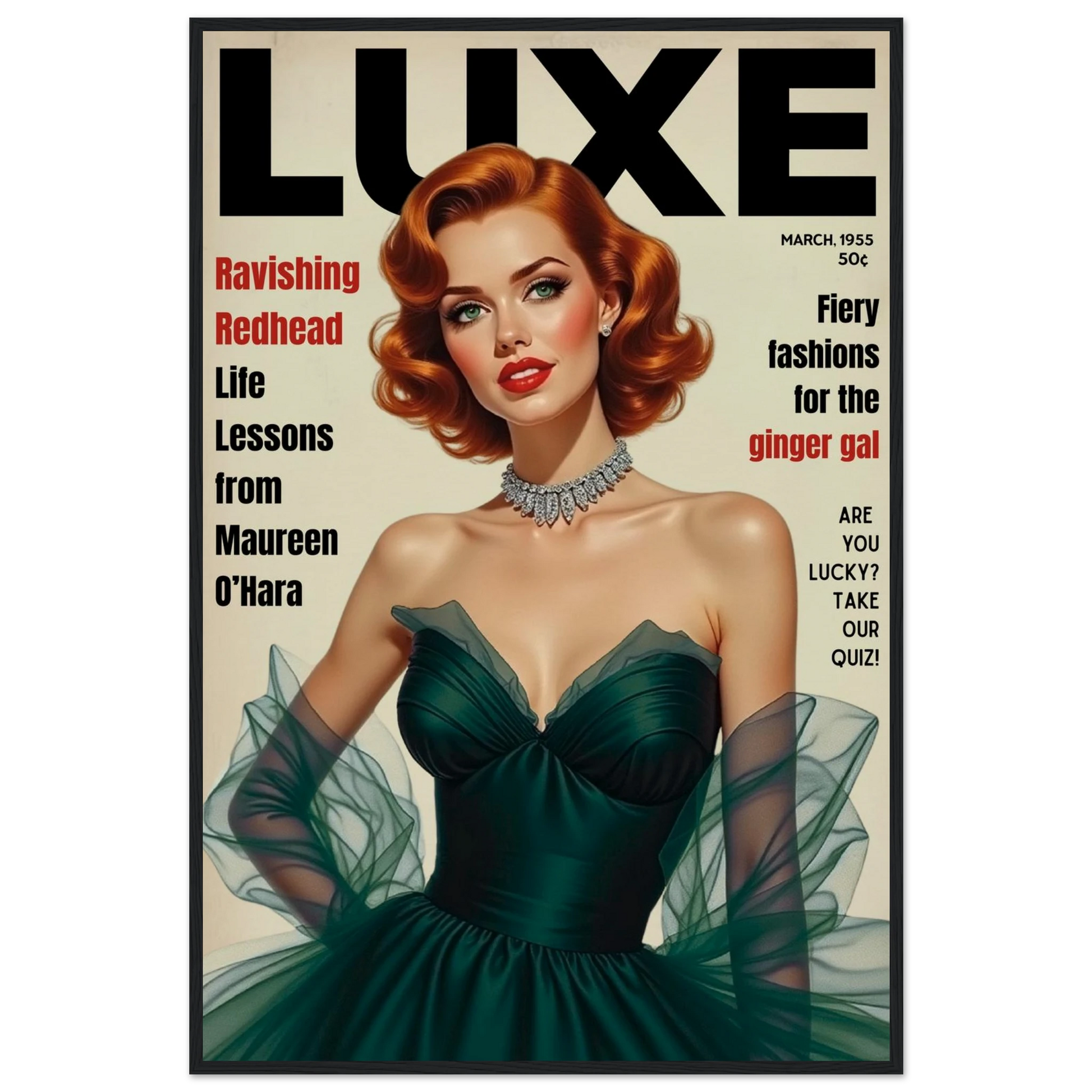 Maureen O'Hara Vintage Fashion Art Poster Print Black Wood Frame 60x90 cm 24x36″ Museum-Quality Matte Paper Wooden Framed Poster