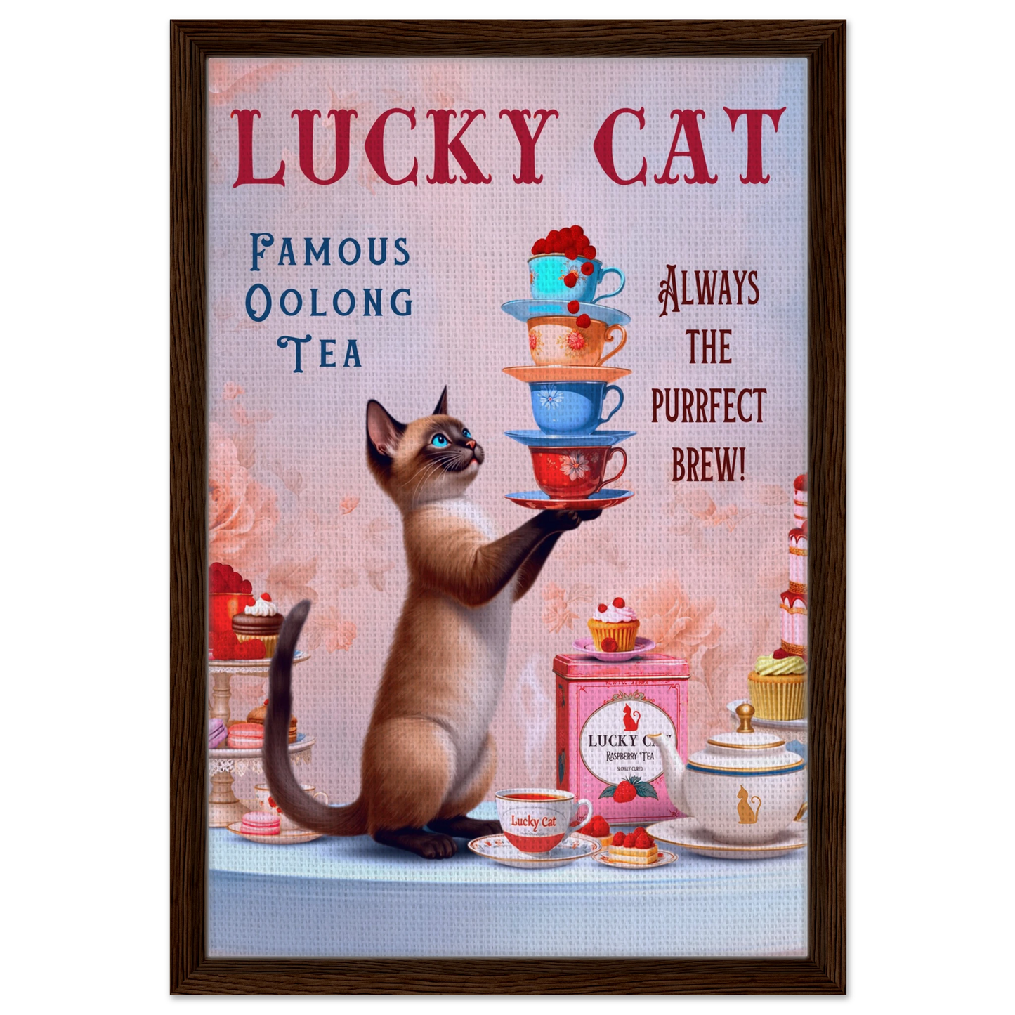 Siamese Lucky Cat Vintage Tea Art Print 40x60 cm 16x24″ Framed Canvas Dark Brown Wood Frame
