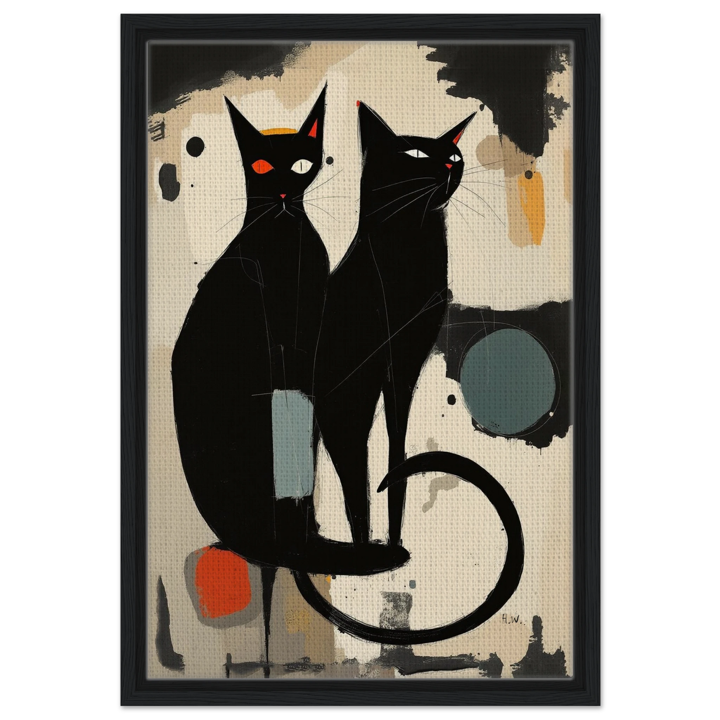 Abstract Crazy Cat Duo Art Print Black Wood Frame 40x60 cm 16x24″ Framed Canvas