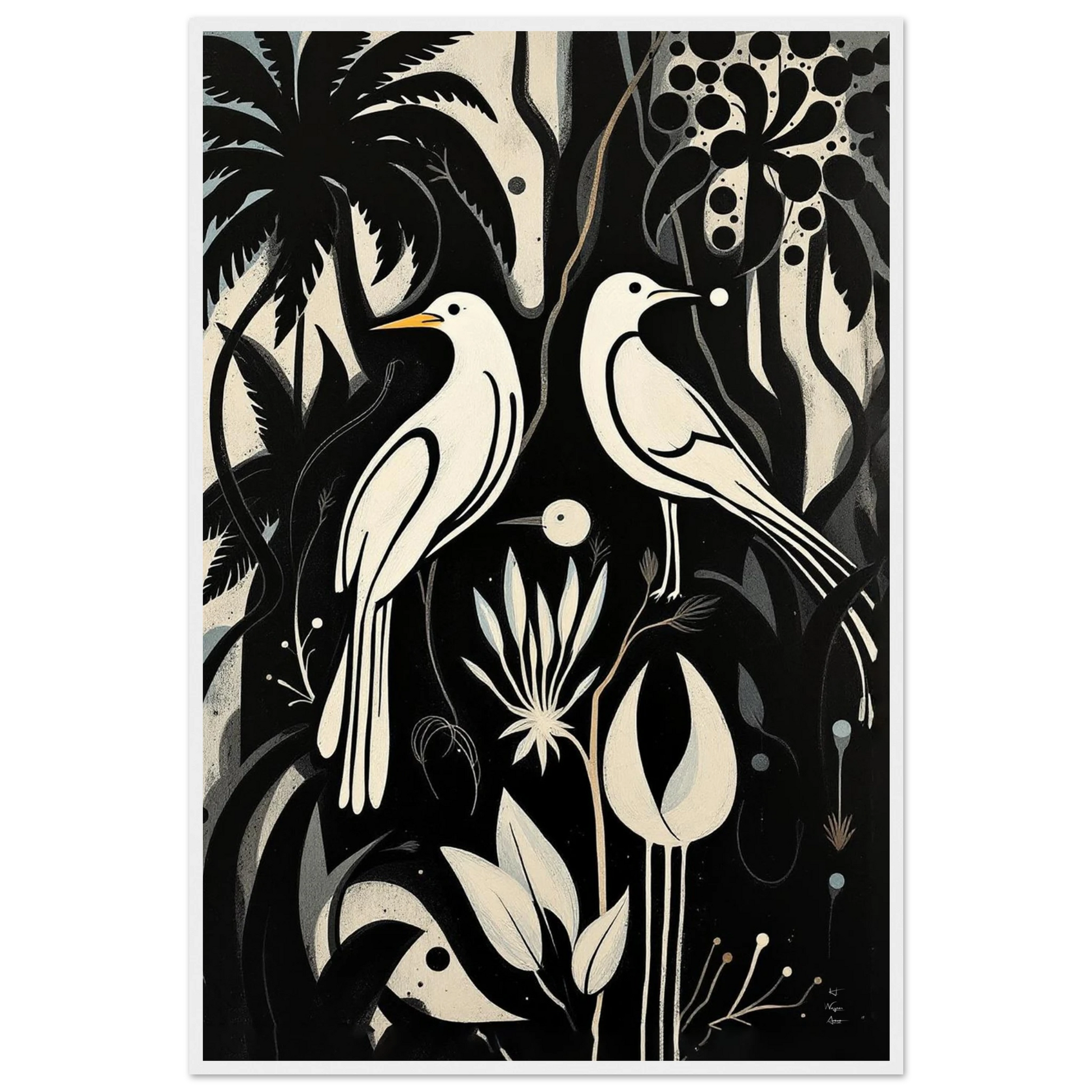 Black & White Minimalist Bird Art Print White Wood Frame 60x90 cm 24x36″ Classic Matte Paper Wooden Framed Poster