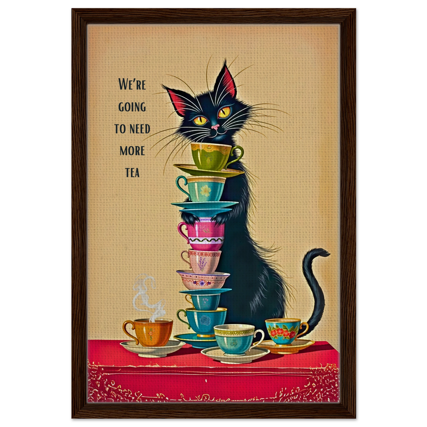 Quirky Cat Funny Tea Art Print 40x60 cm 16x24″ Framed Canvas Dark Brown Wood Frame