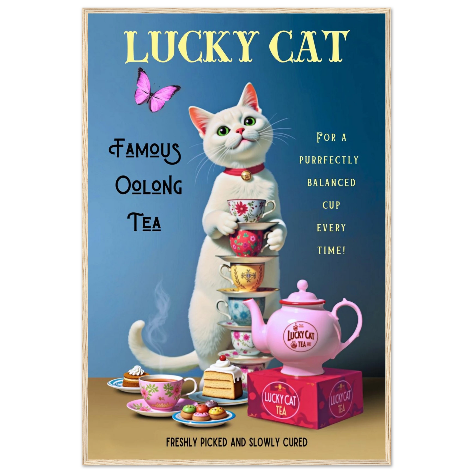 White Lucky Cat Tea Vintage Fine Art Print Light Wood Frame 60x90 cm 24x36″ Premium Matte Paper Wooden Framed Poster