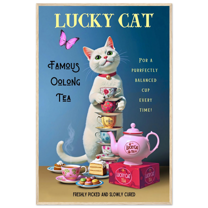 White Lucky Cat Tea Vintage Fine Art Print Light Wood Frame 60x90 cm 24x36″ Premium Matte Paper Wooden Framed Poster