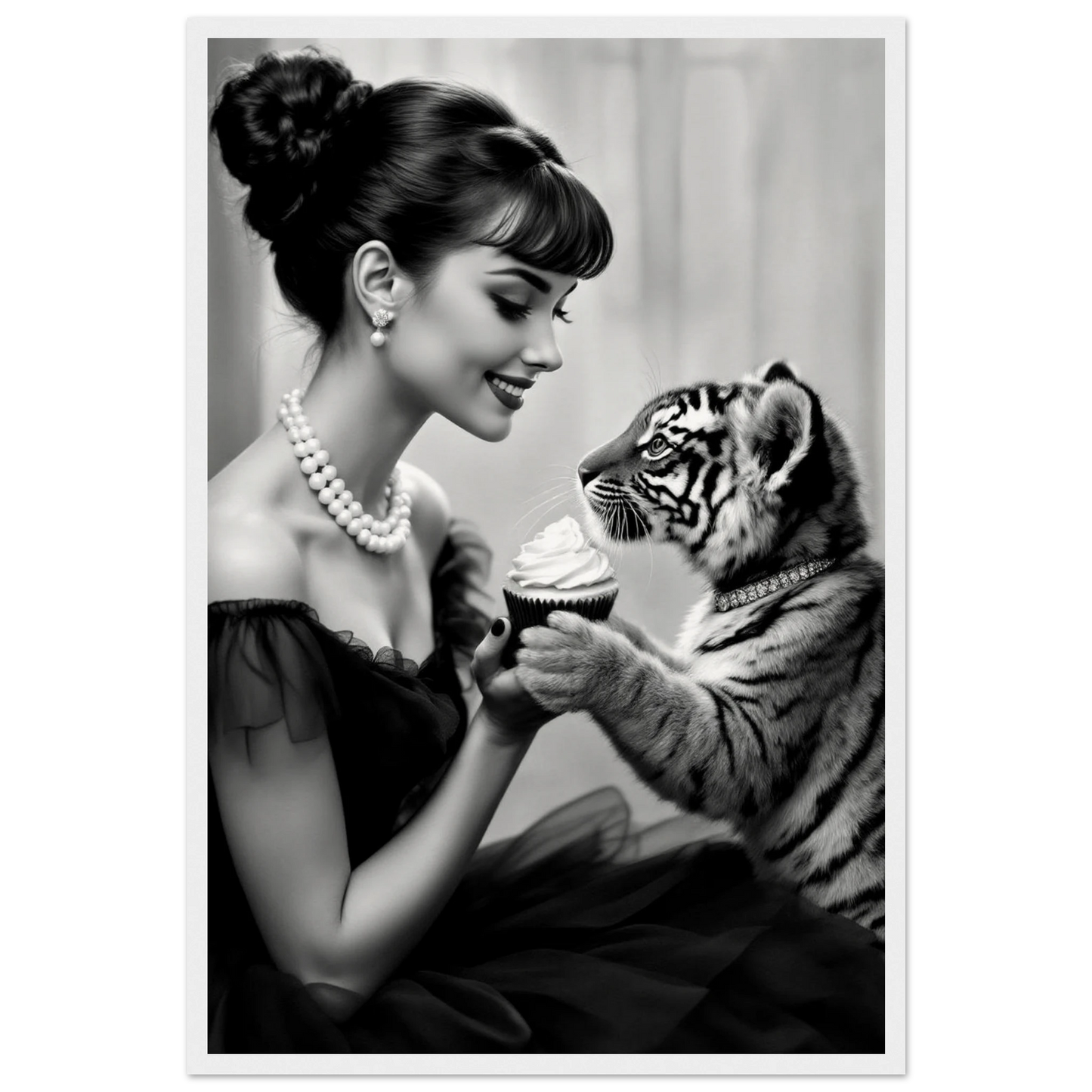 Audrey Hepburn Tiger Cub Art Print White Wood Frame 40x60 cm 16x24″ Museum-Quality Matte Paper Wooden Framed Poster