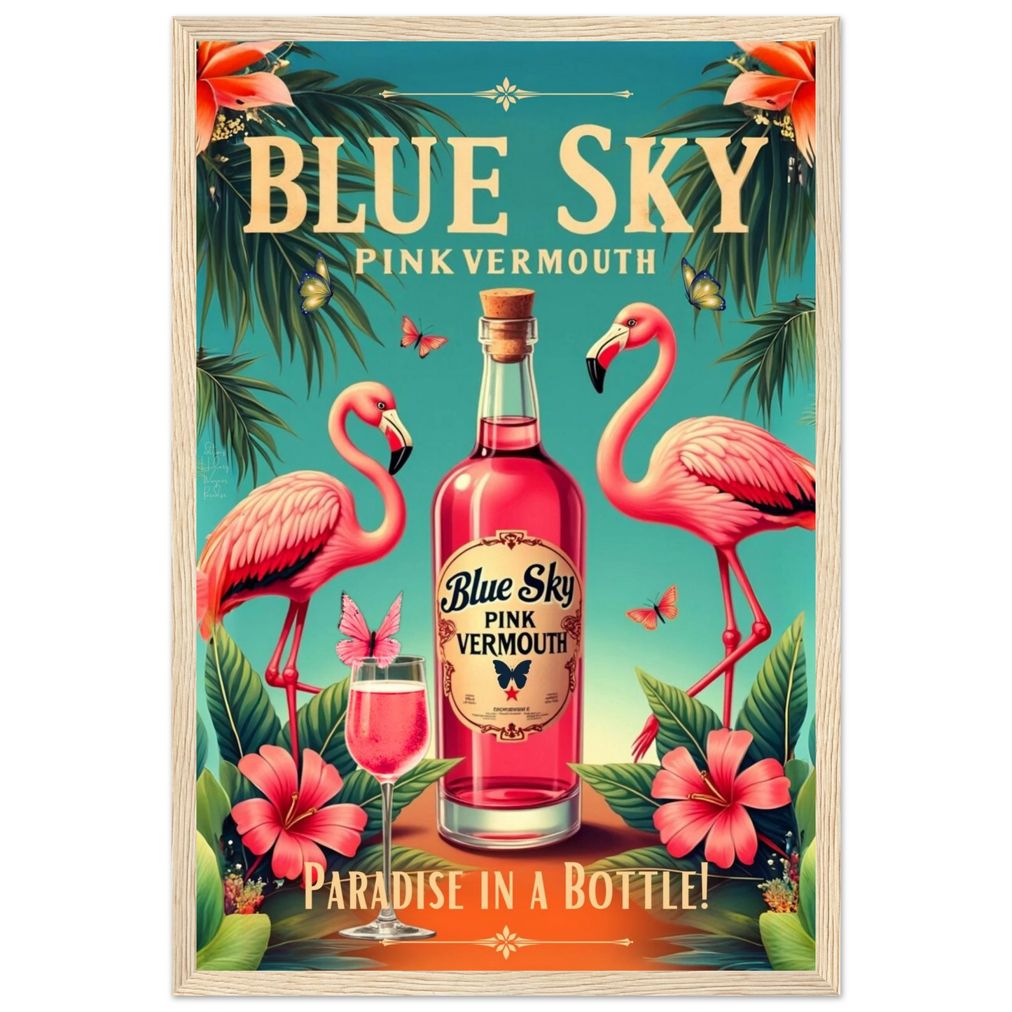 Vintage Pink Flamingo Tiki Bar Art Print 30x45 cm 12x18″ Premium Semi-Glossy Paper Wooden Framed Poster Light Wood Frame
