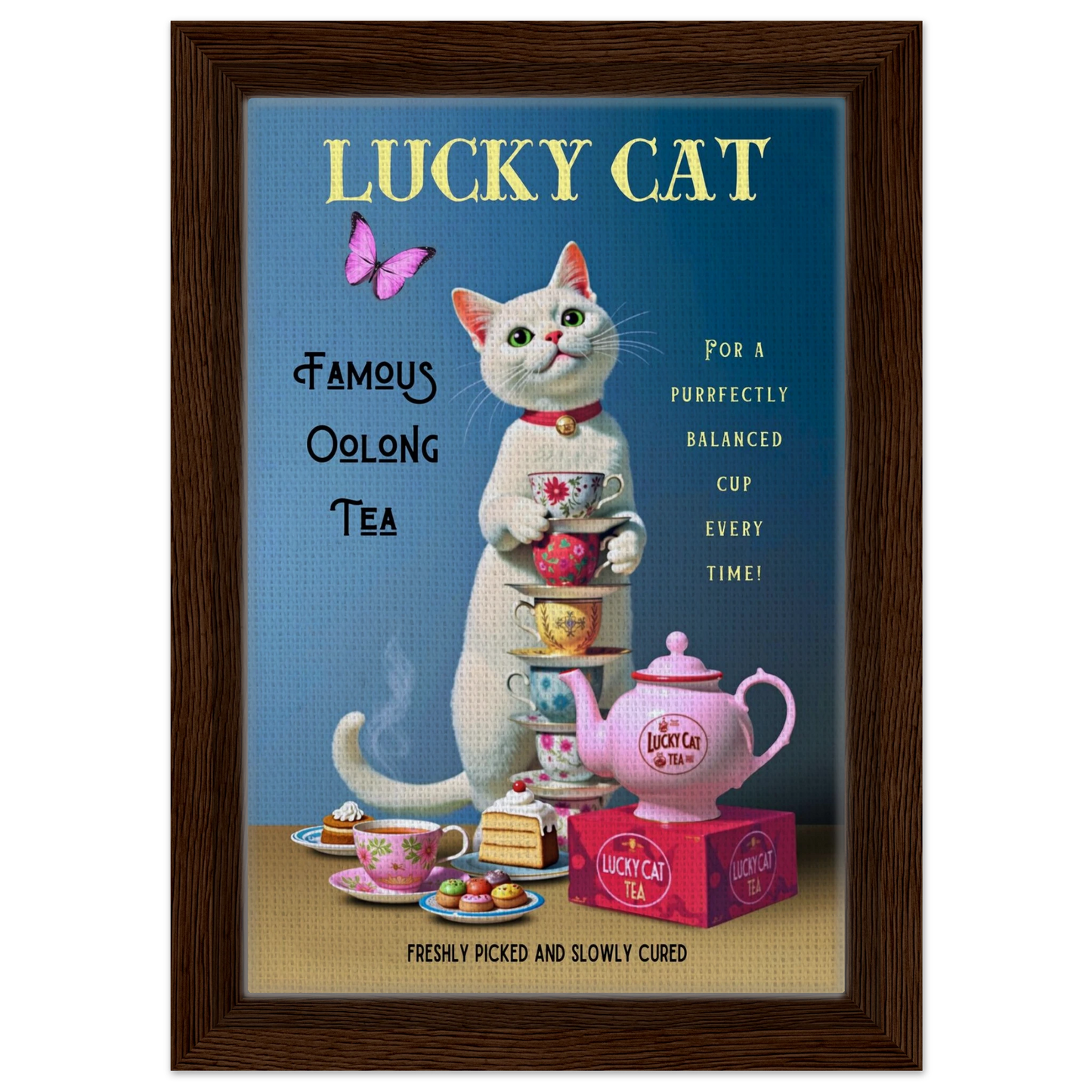 White Lucky Cat Tea Vintage Fine Art Print Dark Brown Wood Frame 20x30 cm 8x12″ Framed Canvas