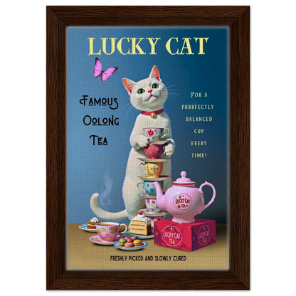 White Lucky Cat Tea Vintage Fine Art Print Dark Brown Wood Frame 20x30 cm 8x12″ Framed Canvas