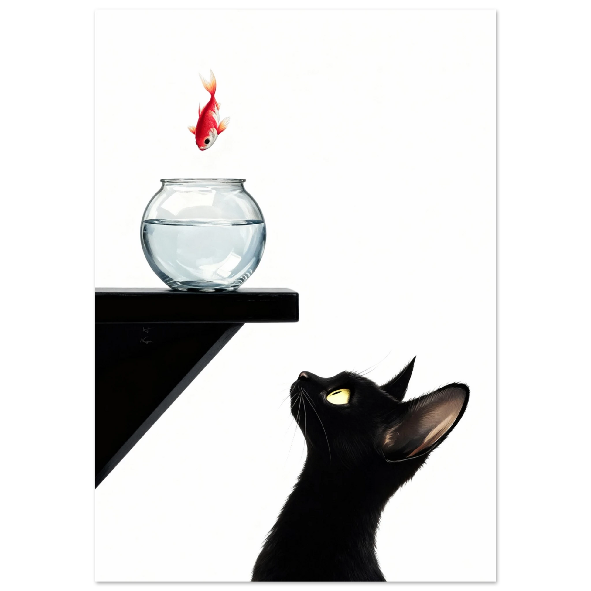 Curious Black Cat Goldfish Minimalist Art Print 40x60 cm 16x24″ Gallery Wrapped Canvas