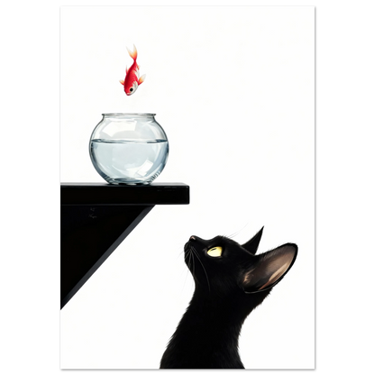 Curious Black Cat Goldfish Minimalist Art Print 40x60 cm 16x24″ Gallery Wrapped Canvas