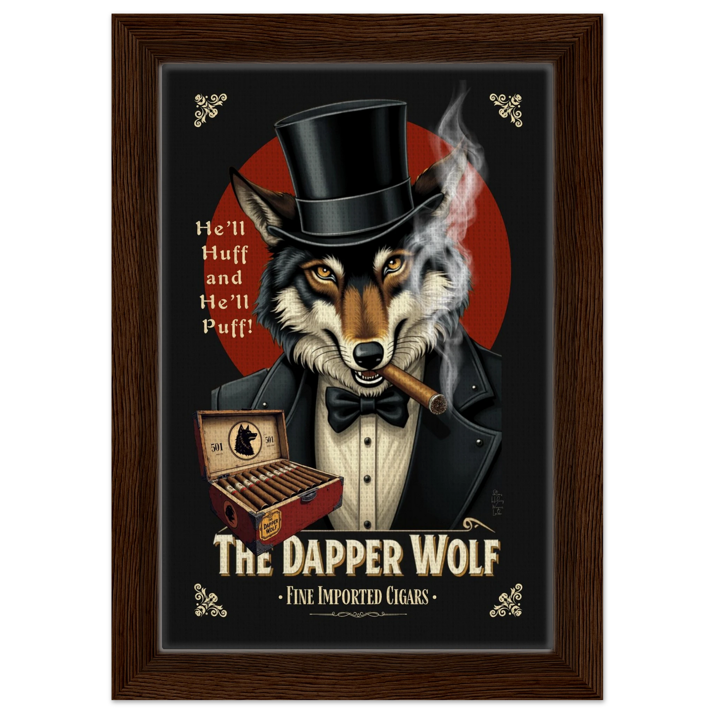 Smoking Wolf Retro Cigar Art Print 20x30 cm 8x12″ Framed Canvas Dark Brown Wood Frame