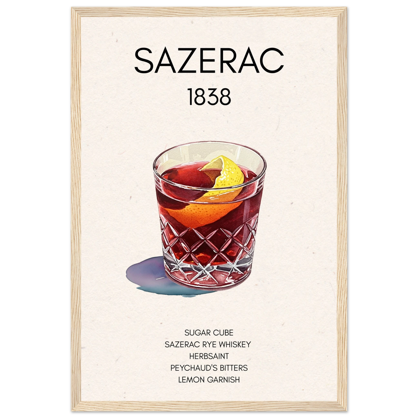 Sazerac Cocktail Bar Poster Print Light Wood Frame 30x45 cm 12x18″ Classic Matte Paper Wooden Framed Poster