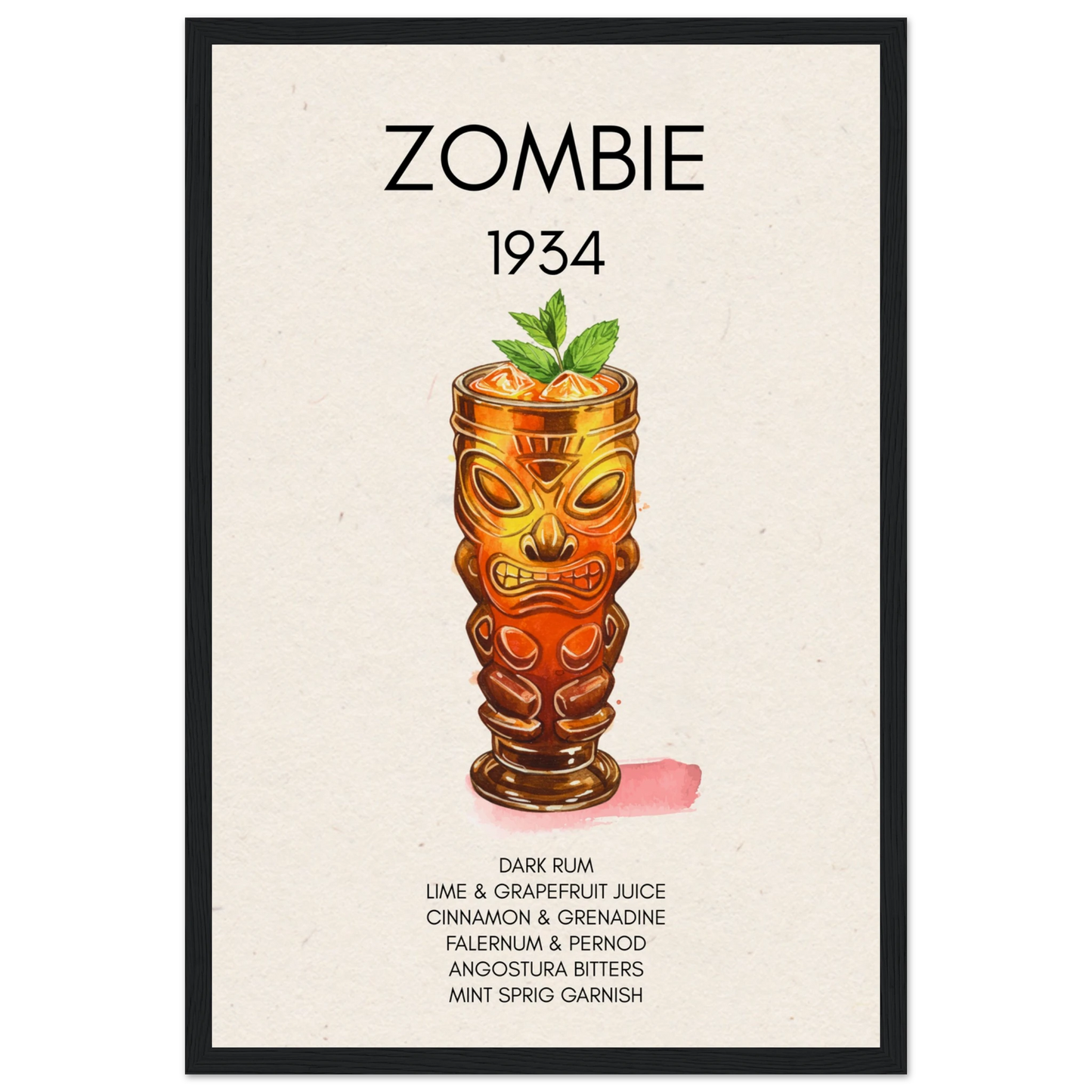 Zombie Tiki Cocktail Bar Poster Print Black Wood Frame 30x45 cm 12x18″ Museum-Quality Matte Paper Wooden Framed Poster
