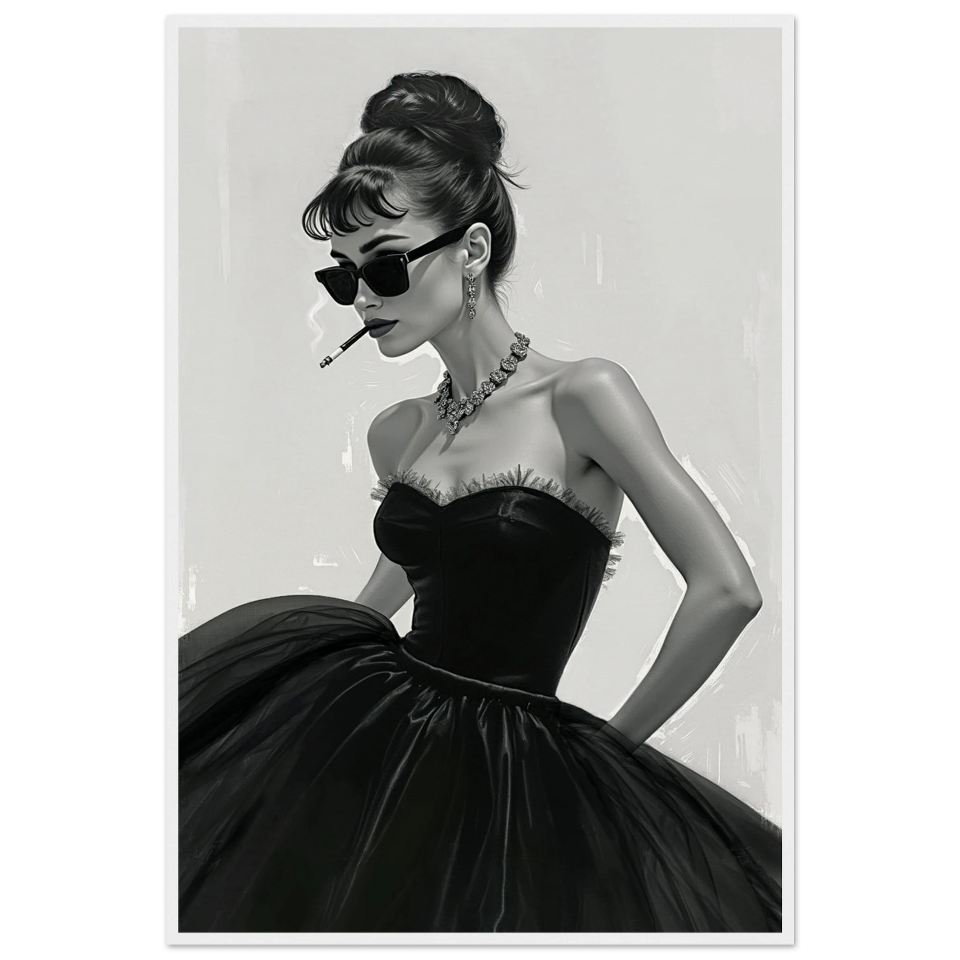 Audrey Hepburn Smoking Fashion Art Print White Wood Frame 60x90 cm 24x36″ Museum-Quality Matte Paper Wooden Framed Poster