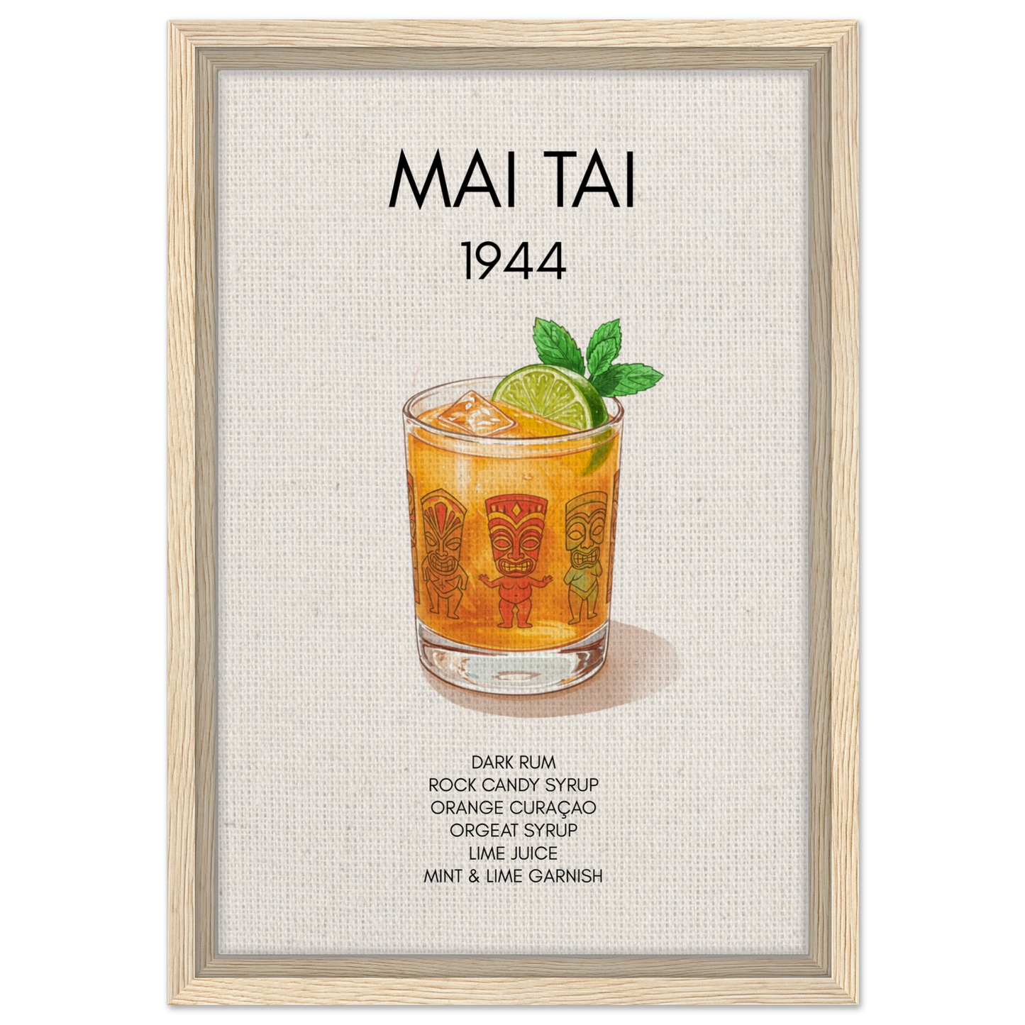 Mai Tai Tropical Cocktail Bar Poster Print Light Wood Frame 30x45 cm 12x18″ Framed Canvas