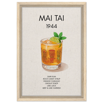 Mai Tai Tropical Cocktail Bar Poster Print Light Wood Frame 30x45 cm 12x18″ Framed Canvas