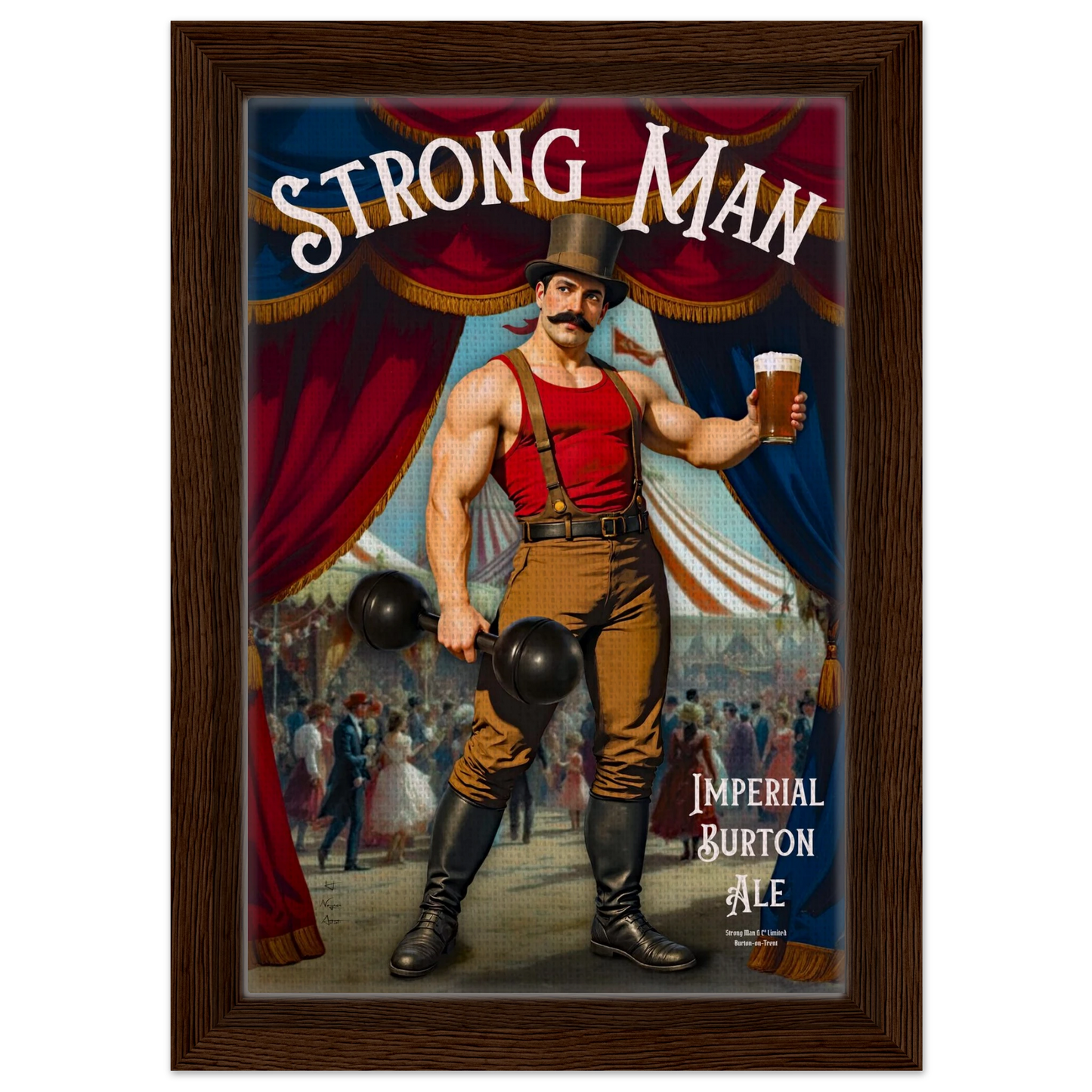 Vintage Victorian Circus Strongman Ale Art Print Dark Brown Wood Frame 20x30 cm 8x12″ Framed Canvas