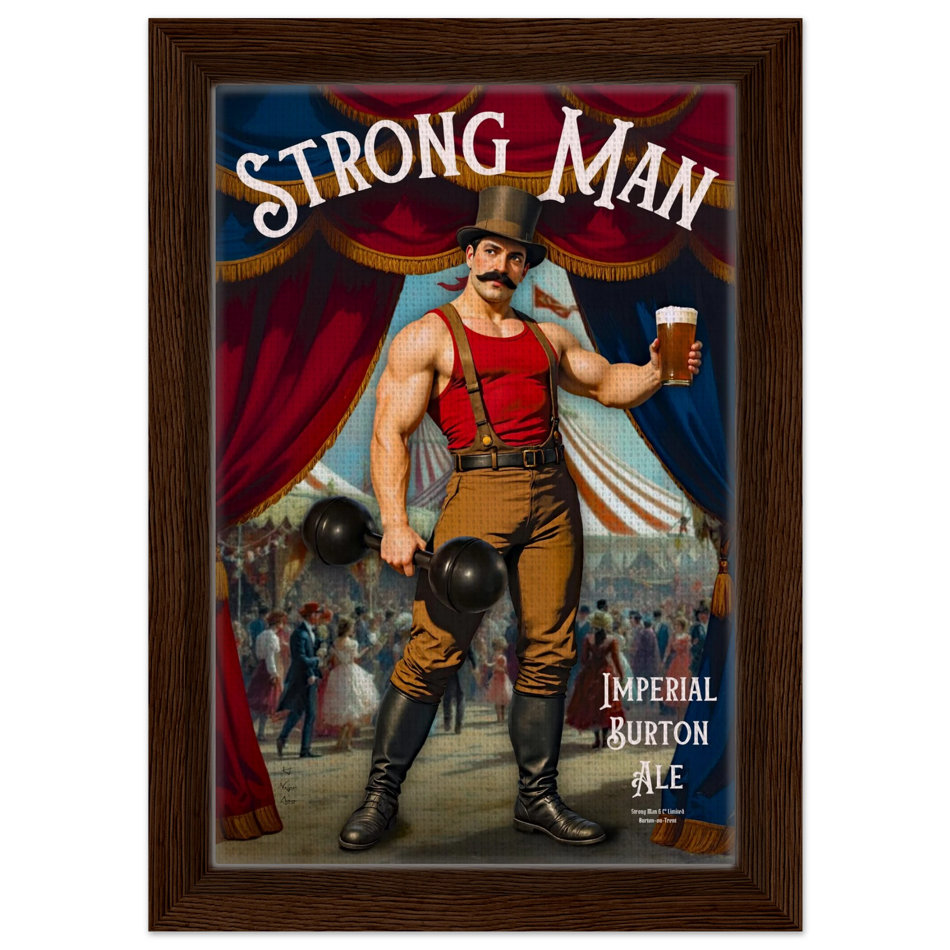 Vintage Victorian Circus Strongman Ale Art Print Dark Brown Wood Frame 20x30 cm 8x12″ Framed Canvas