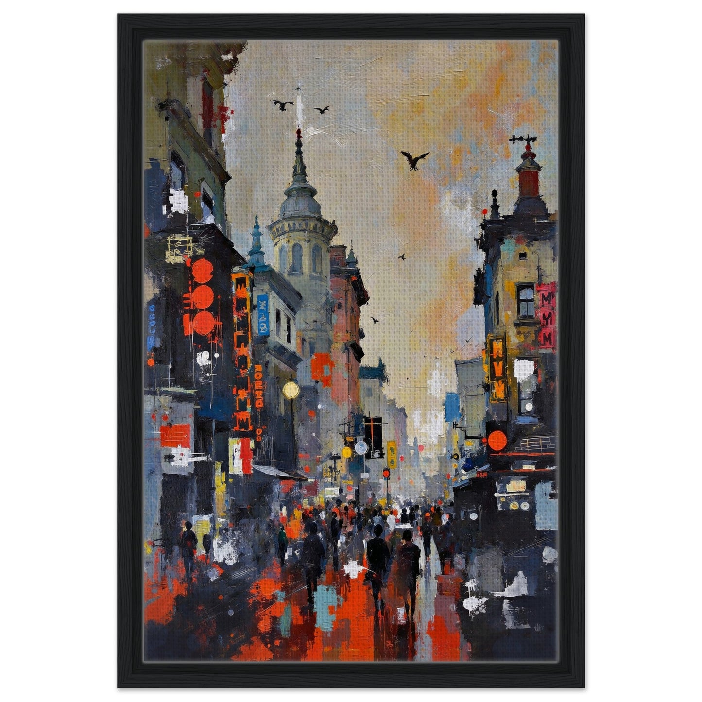 Gothic City Street Art Print - European Cityscape 40x60 cm 16x24″ Framed Canvas - Black Wood