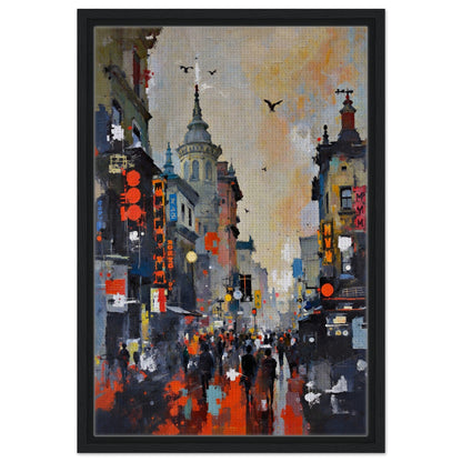 Gothic City Street Art Print - European Cityscape 40x60 cm 16x24″ Framed Canvas - Black Wood