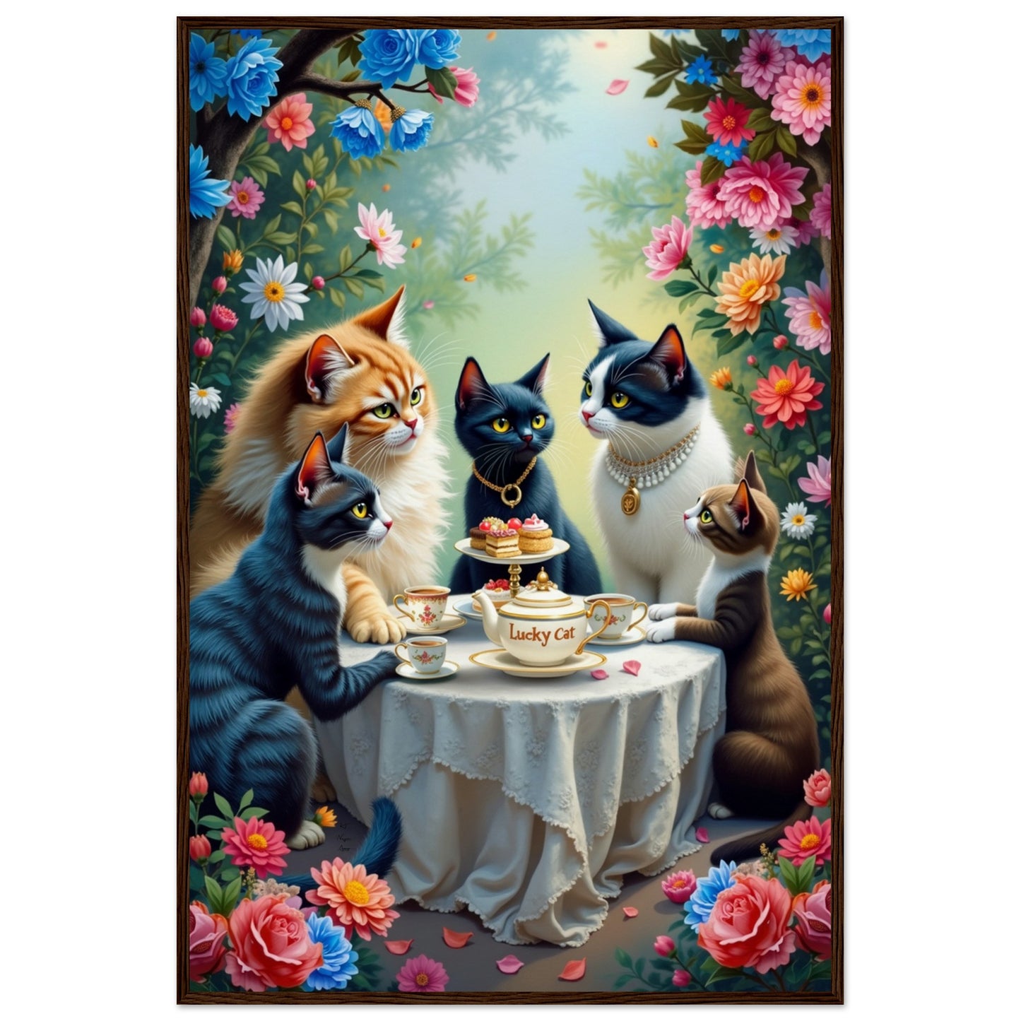 Lucky Cat Garden Tea Party Kitchen Art Print Dark Brown Wood Frame 60x90 cm 24x36″ Museum-Quality Matte Paper Wooden Framed Poster