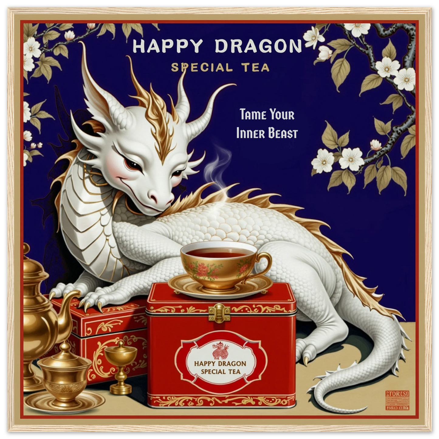 Happy Dragon Tea Art Print 70x70 cm 28x28″ Museum-Quality Matte Paper Wooden Framed Poster Light Wood Frame