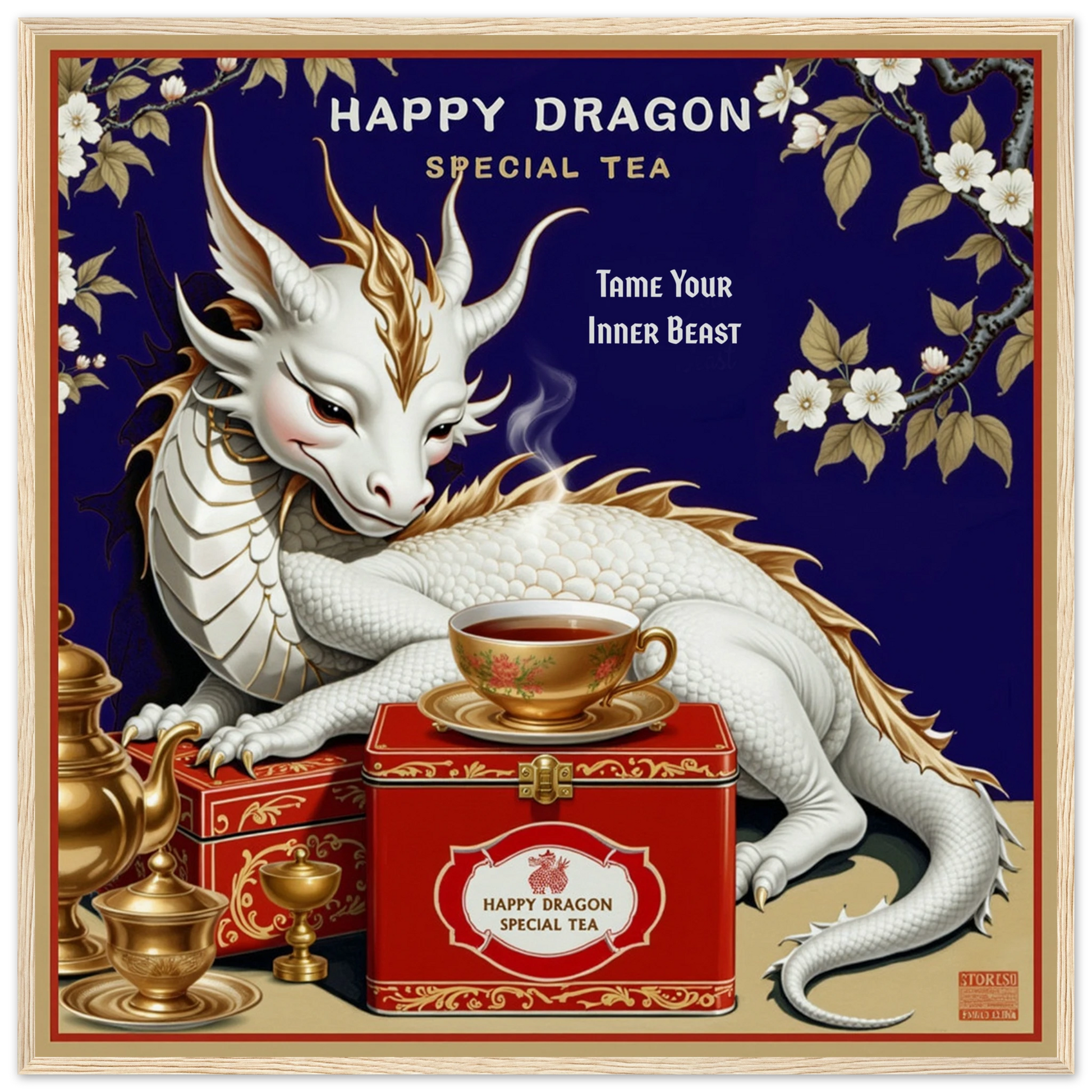 Happy Dragon Tea Art Print 70x70 cm 28x28″ Museum-Quality Matte Paper Wooden Framed Poster Light Wood Frame