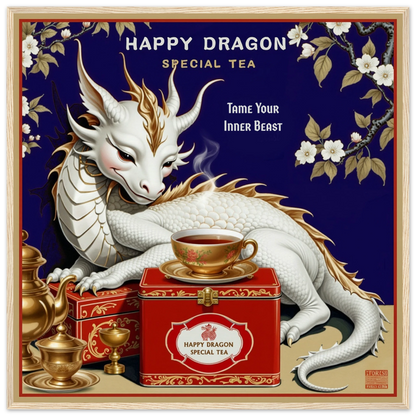Happy Dragon Tea Art Print 70x70 cm 28x28″ Museum-Quality Matte Paper Wooden Framed Poster Light Wood Frame