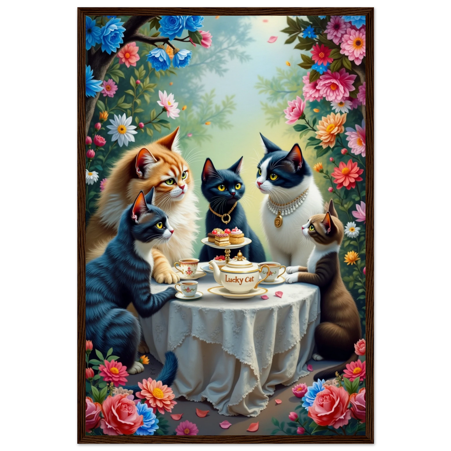 Lucky Cat Tea Party Botanical Art Print 40x60 cm 16x24″ Museum-Quality Matte Paper Wooden Framed Poster Dark Brown Wood Frame