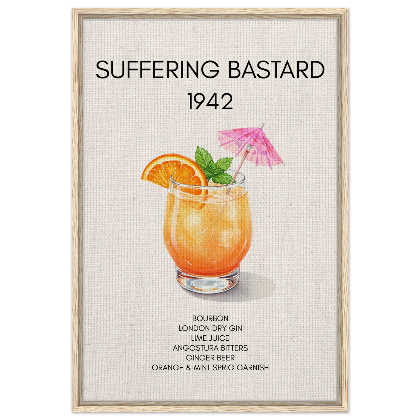 Suffering Bastard Tiki Cocktail Bar Poster Print Light Wood Frame 60x90 cm 24x36″ Framed Canvas