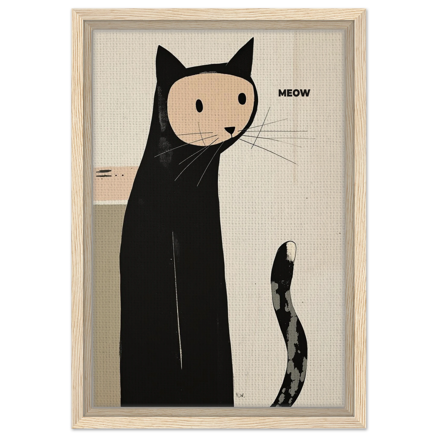Quirky Modern Cat Art Poster Print 30x45 cm 12x18″ Framed Canvas Light Wood Frame